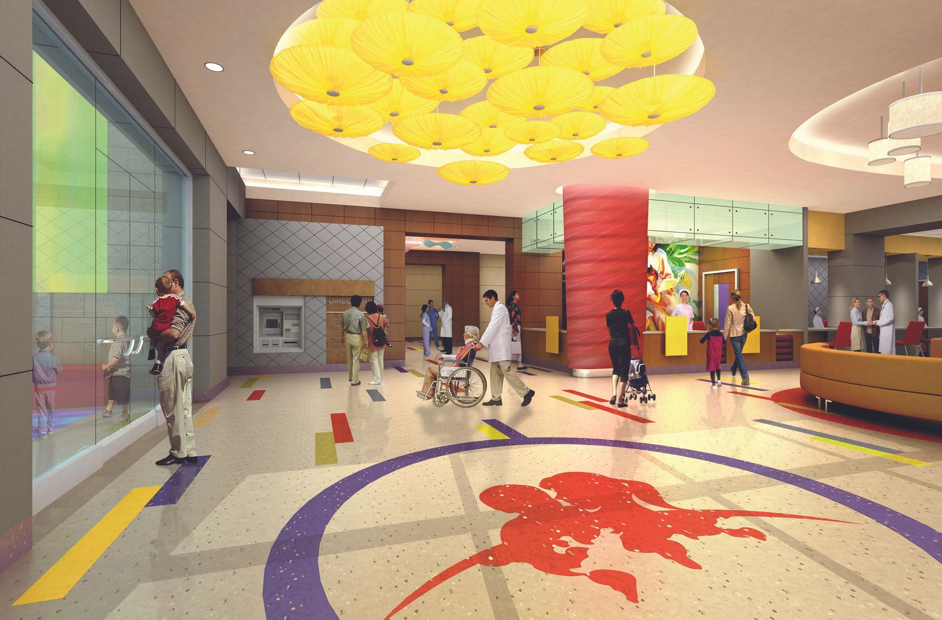 An artist 's impression of a hospital lobby with people walking around