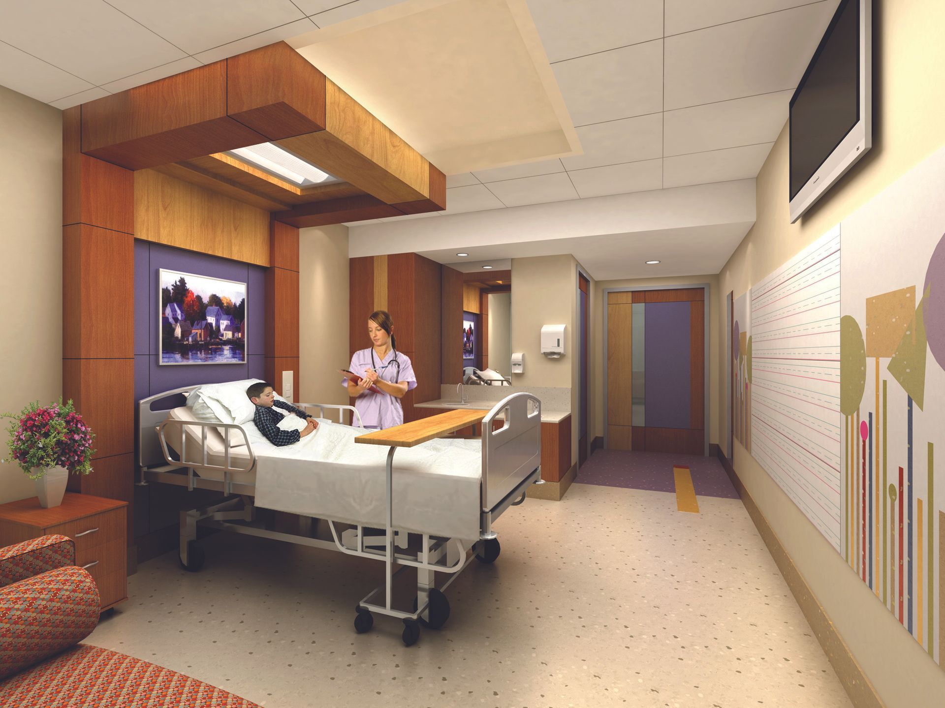 A nurse is talking to a child in a hospital bed