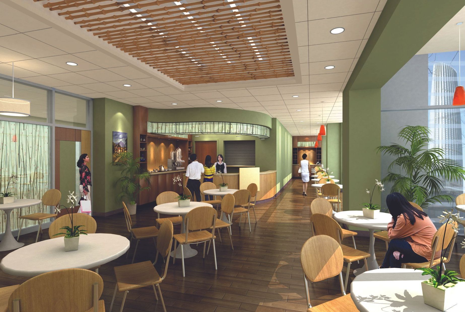 An artist 's impression of a restaurant with tables and chairs