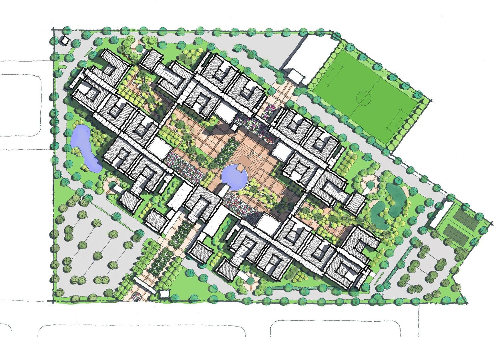 An aerial view of a residential area with lots of buildings and trees.
