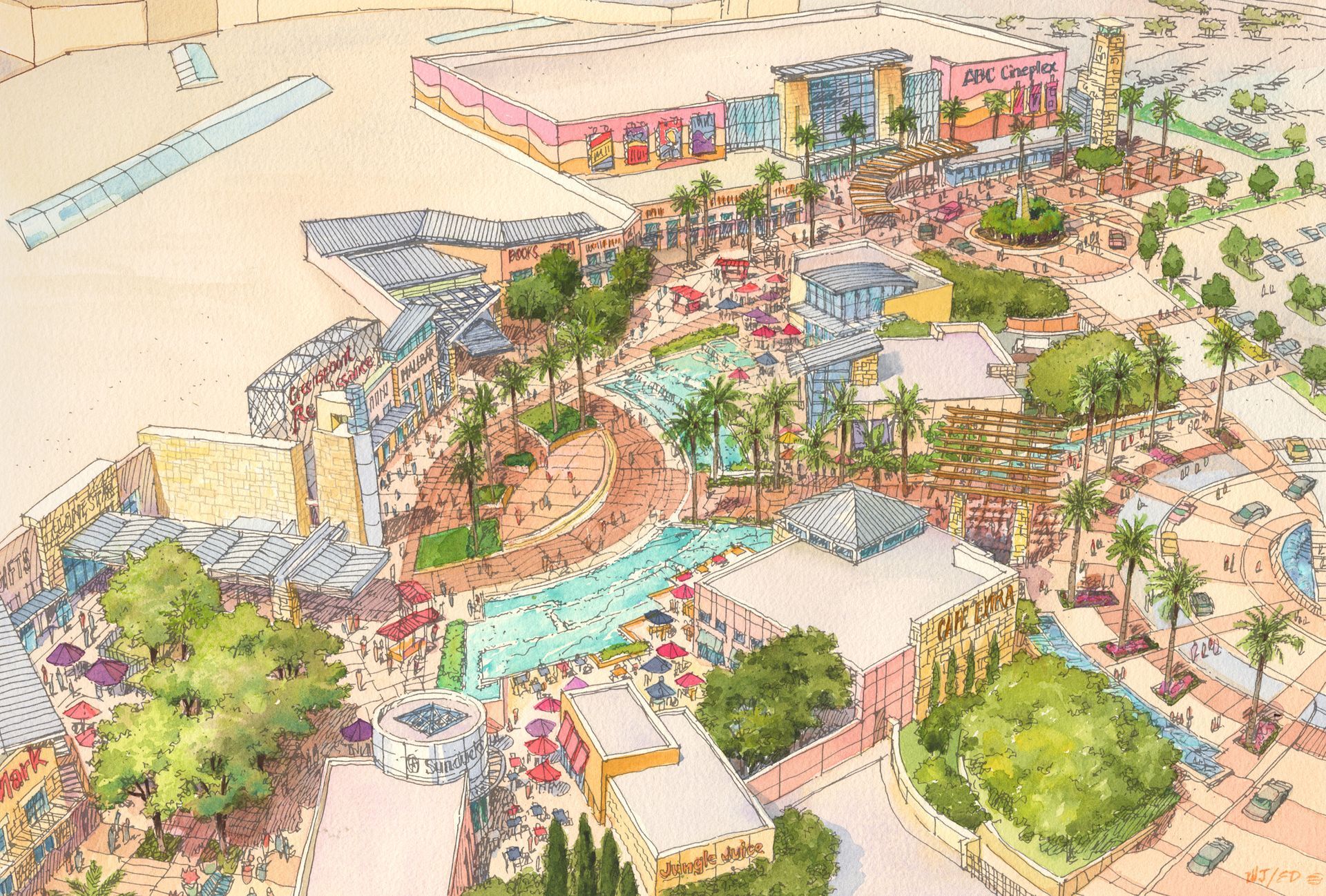 An aerial view of a city with lots of buildings and trees