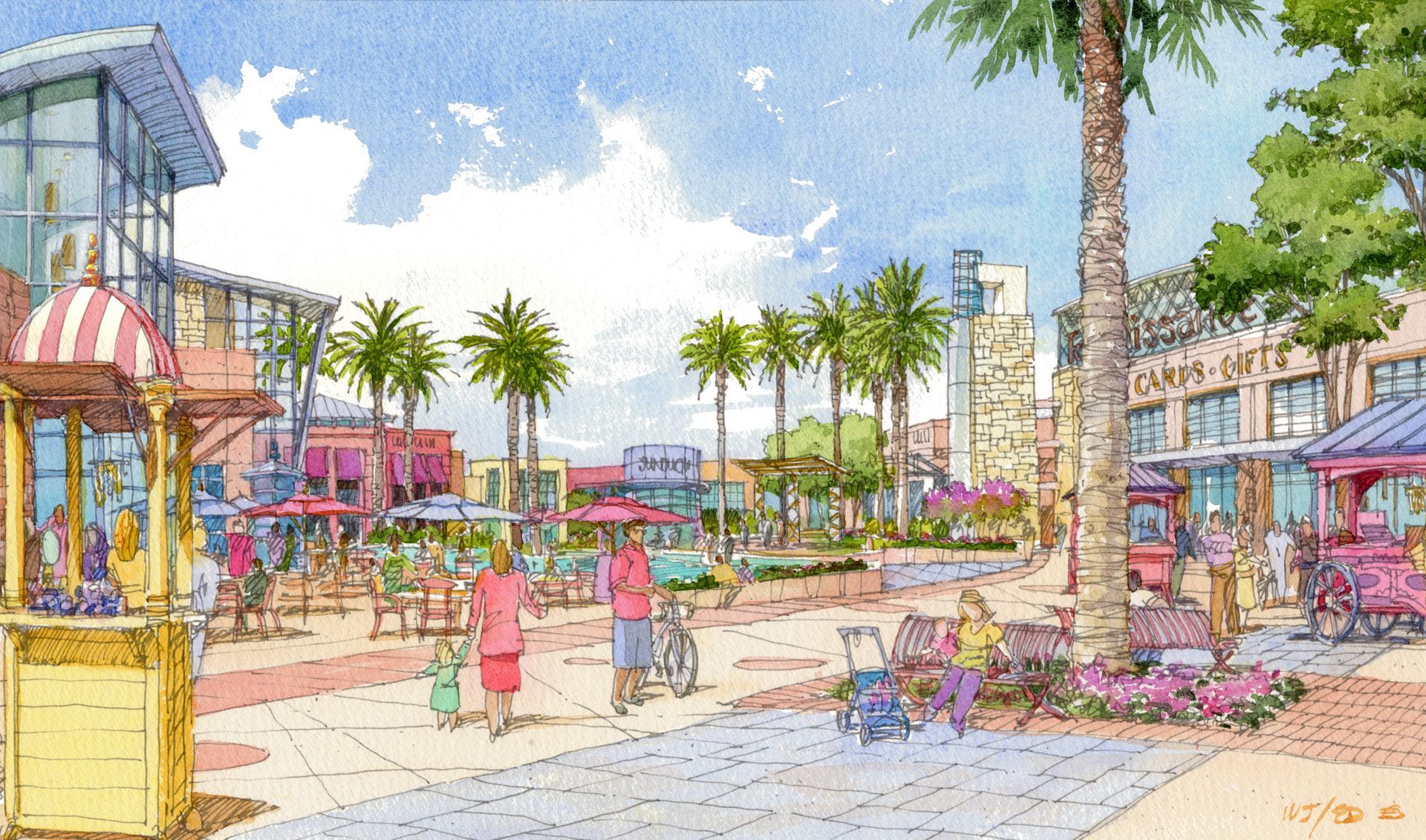 A watercolor painting of a city street with palm trees