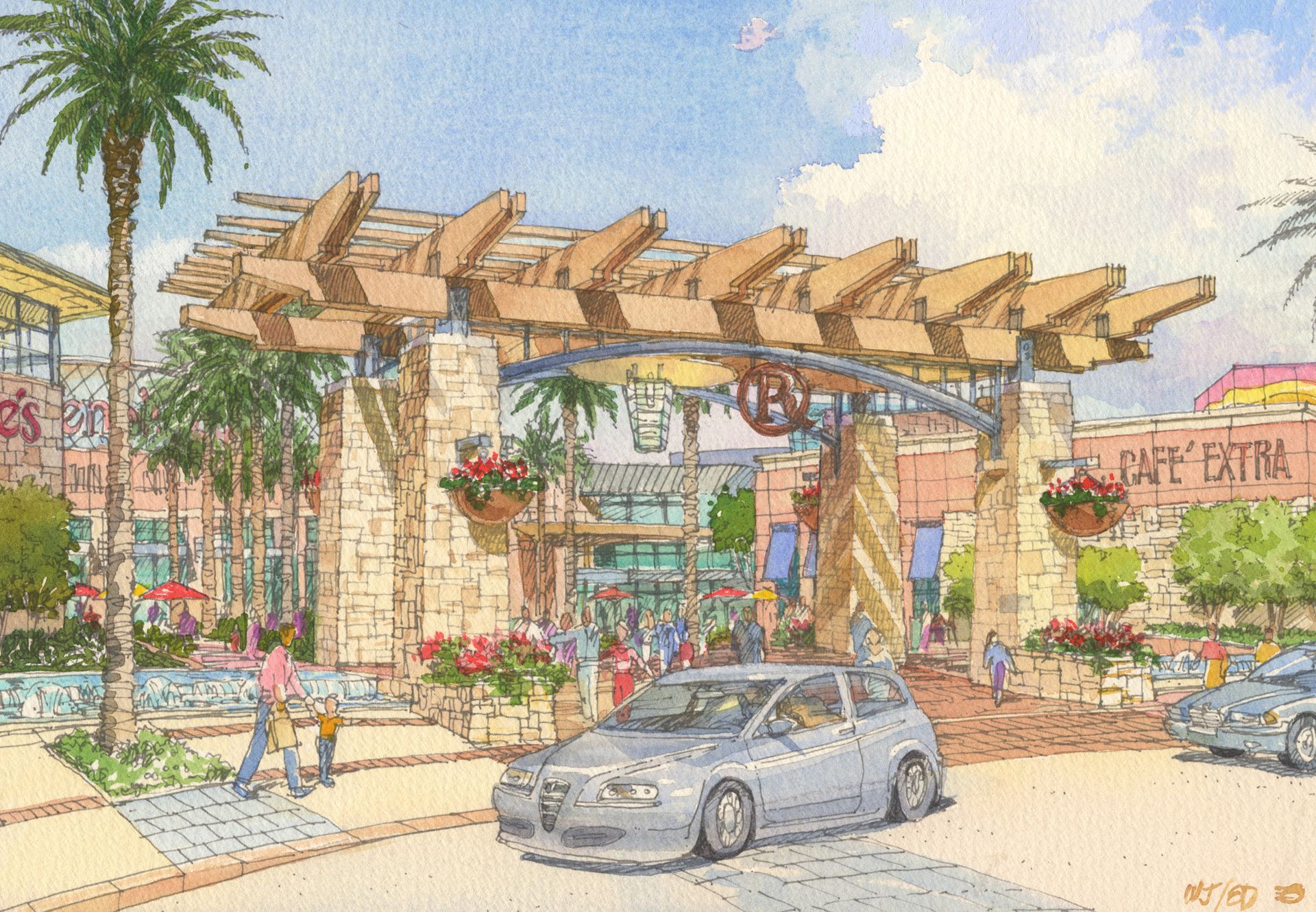 A drawing of a car parked in front of a sign that says paz extra