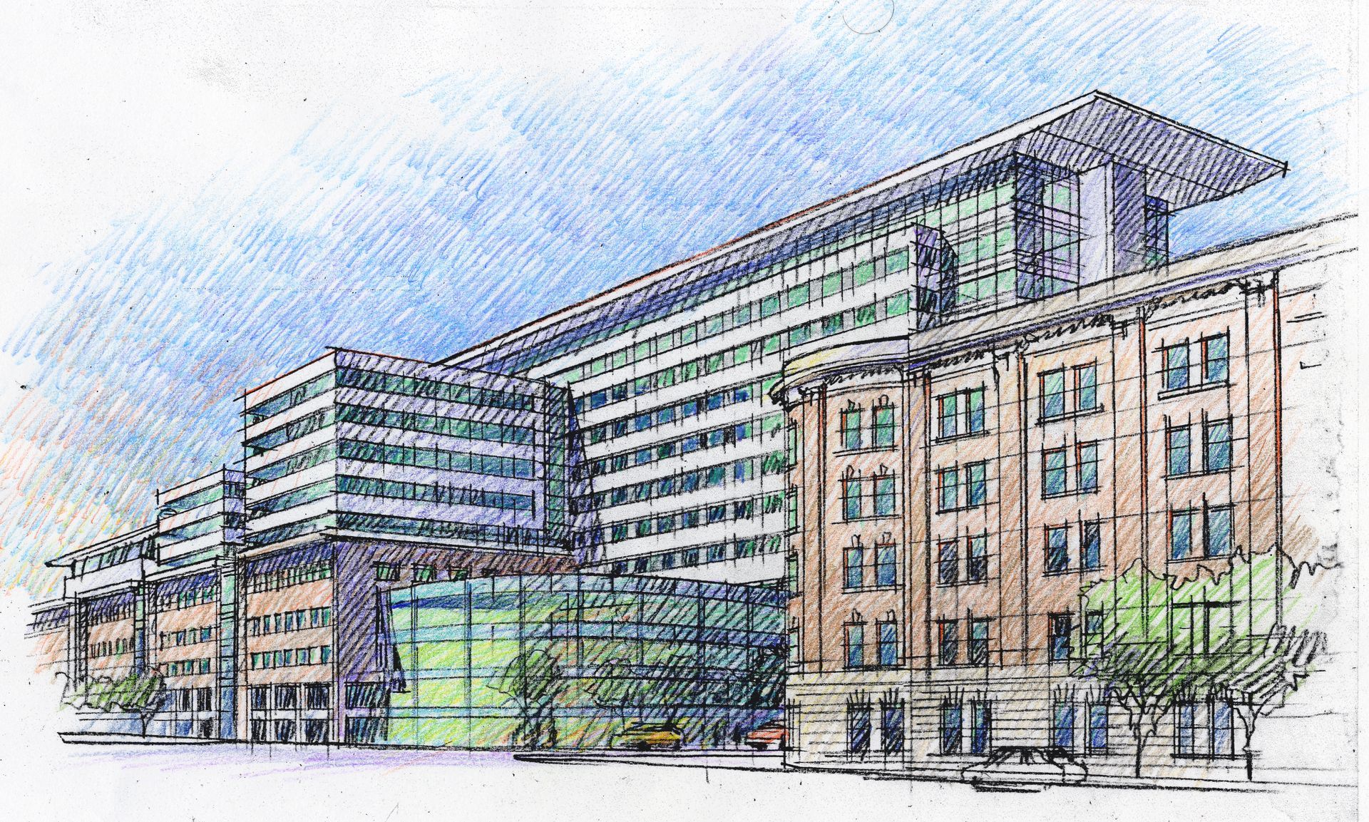 A drawing of a large building with a lot of windows