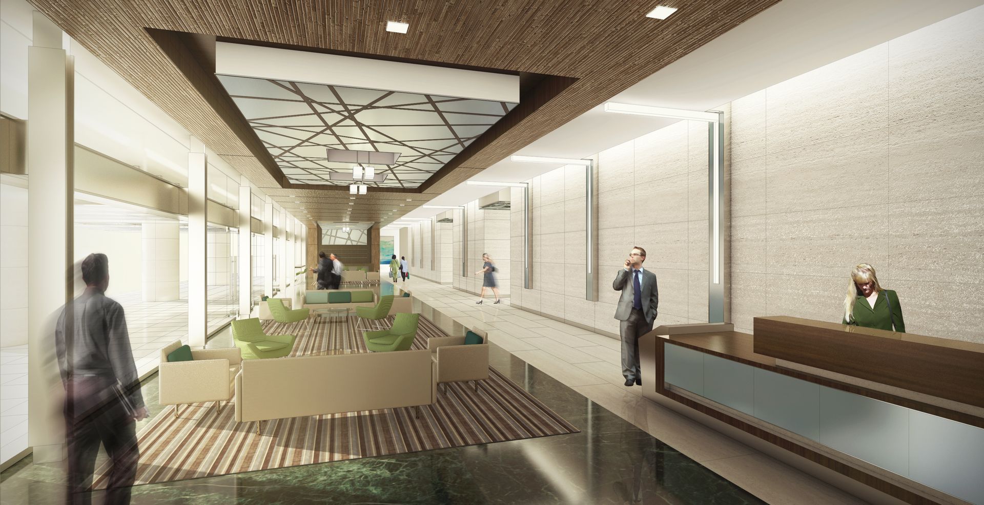 An artist 's impression of a hotel lobby with people standing around a reception desk.