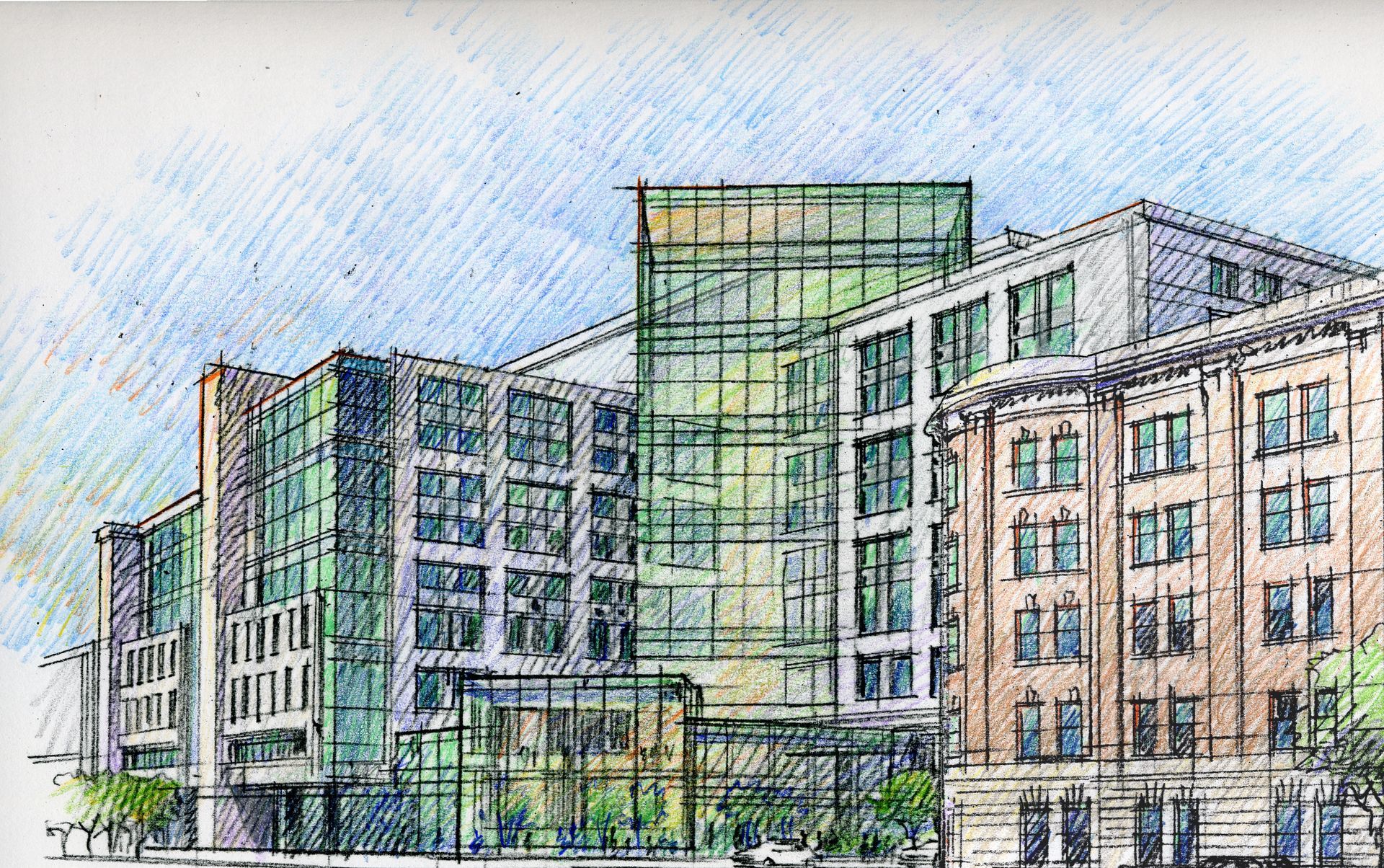 A drawing of a large building with a lot of windows.