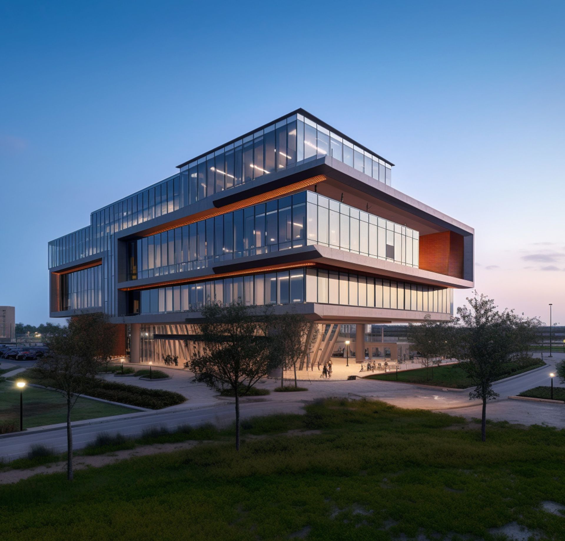 A large building with lots of windows is lit up at night
