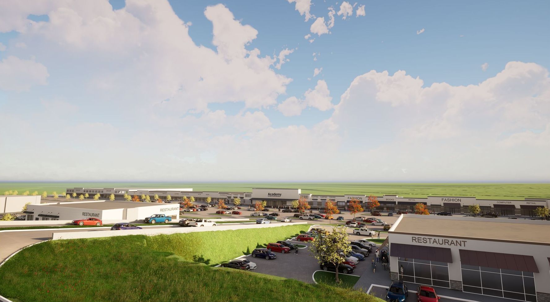 An artist 's impression of a shopping center with a lot of cars parked in front of it.