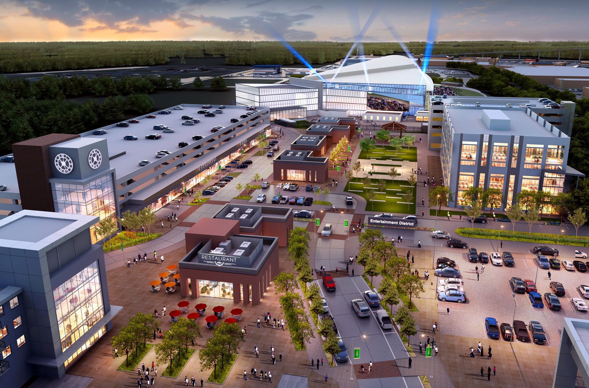 An aerial view of a city with lots of buildings and trees