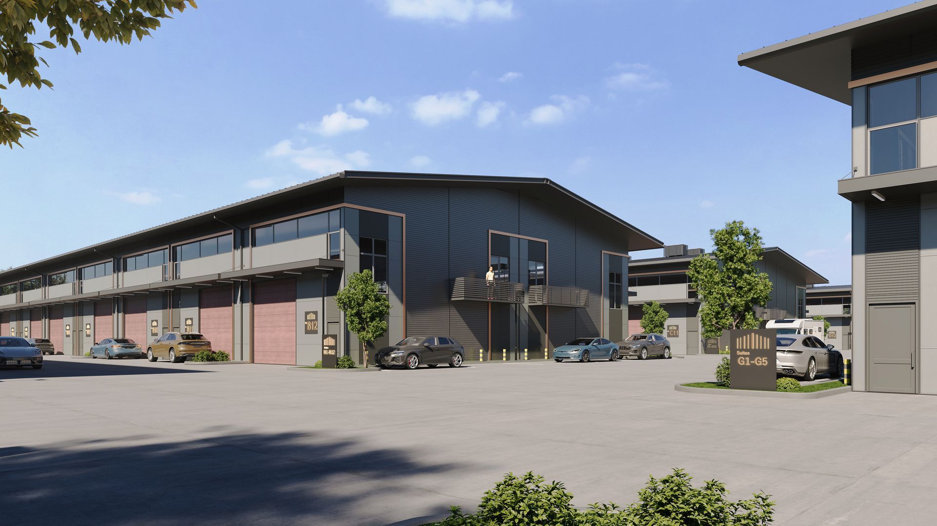 An artist 's impression of a warehouse with cars parked in front of it.