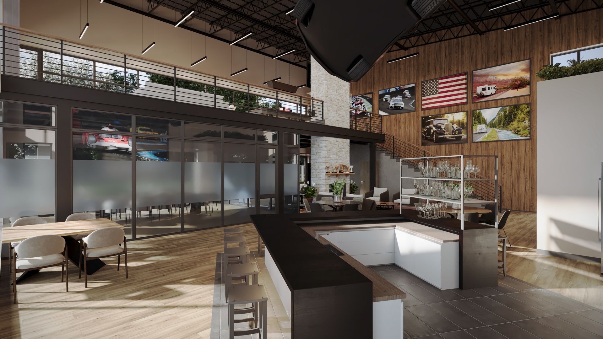 An artist 's impression of a restaurant with tables and chairs and a bar.