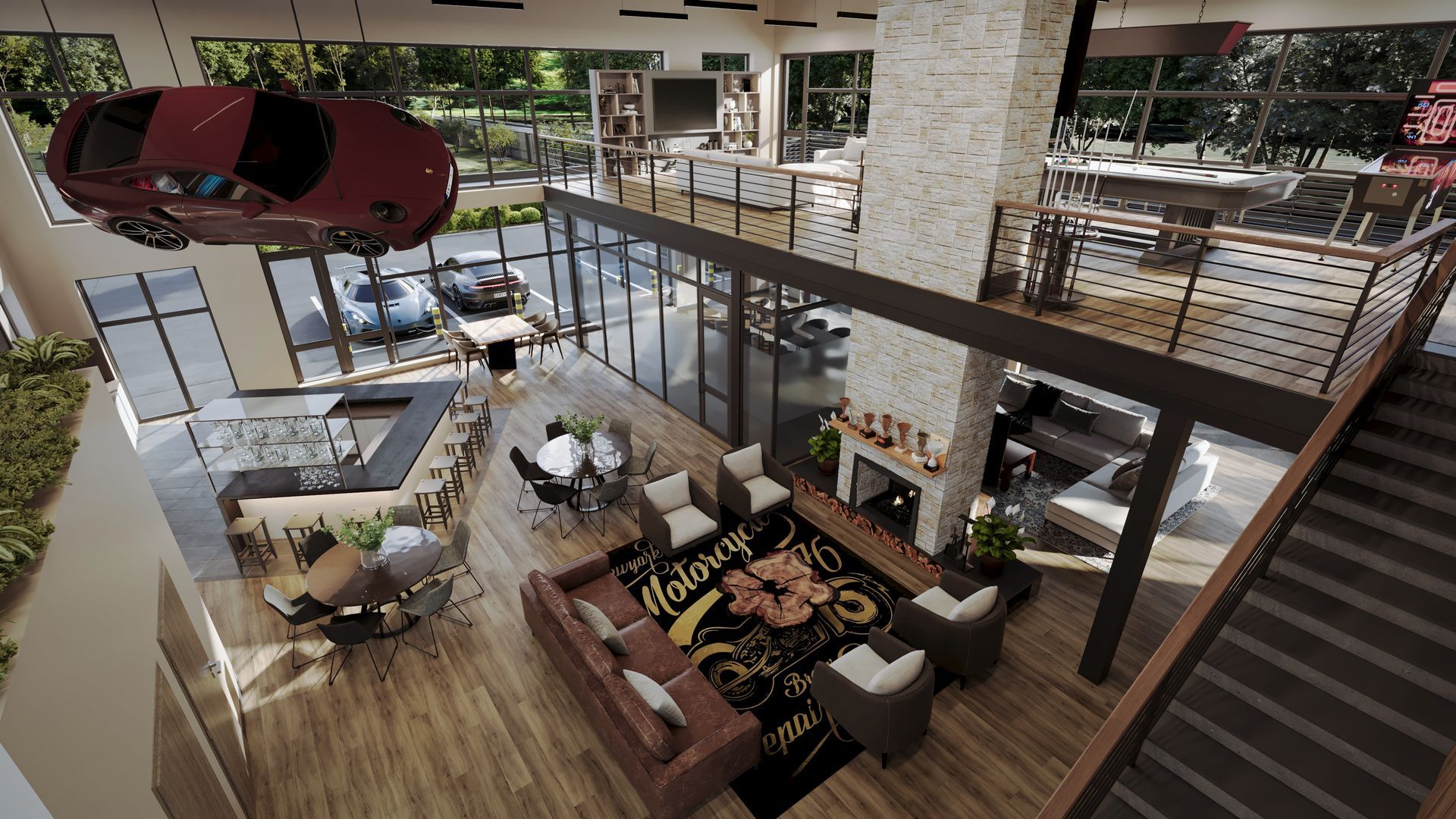 An aerial view of a living room with a car hanging from the ceiling.