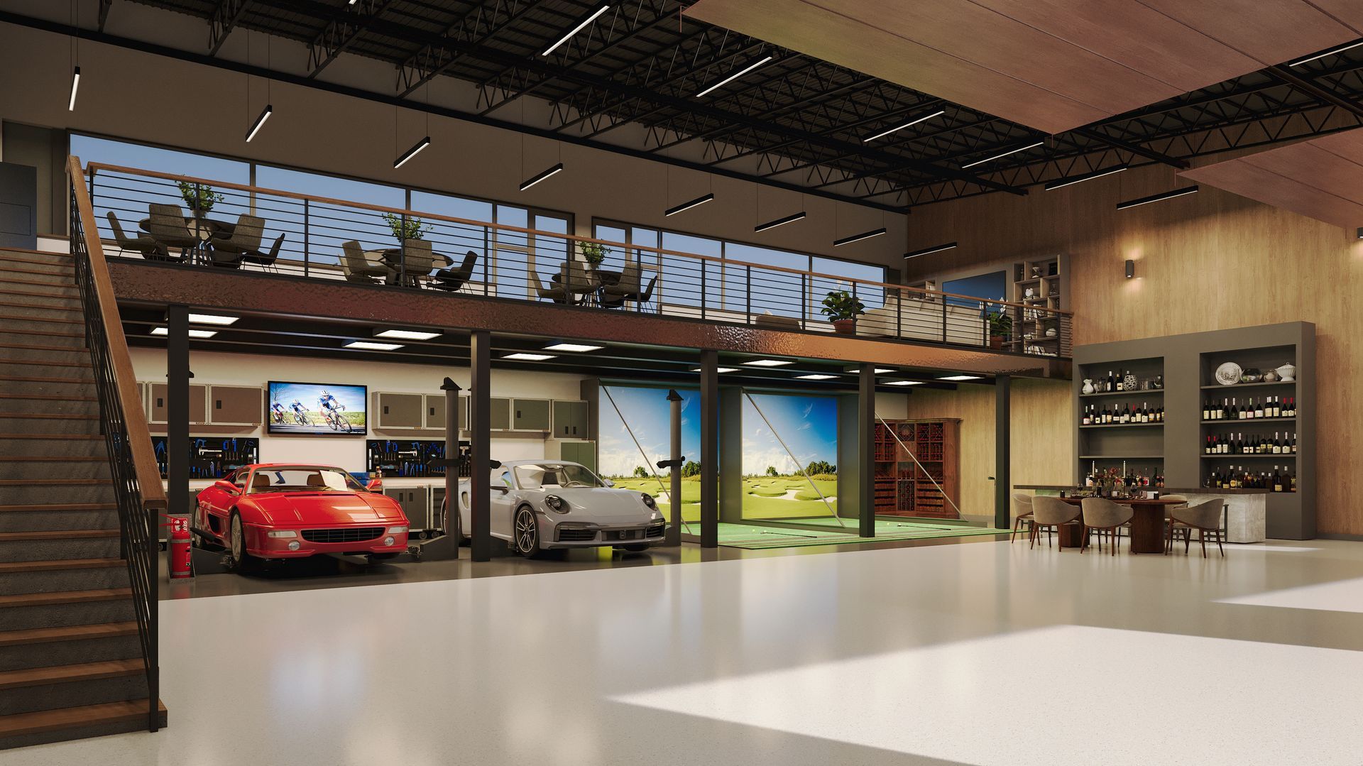 A red sports car is parked in a garage next to a white sports car.