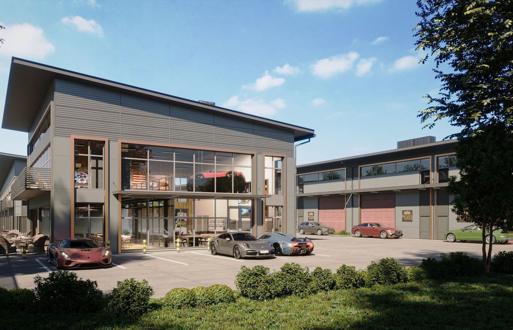 An artist 's impression of a building with cars parked in front of it.