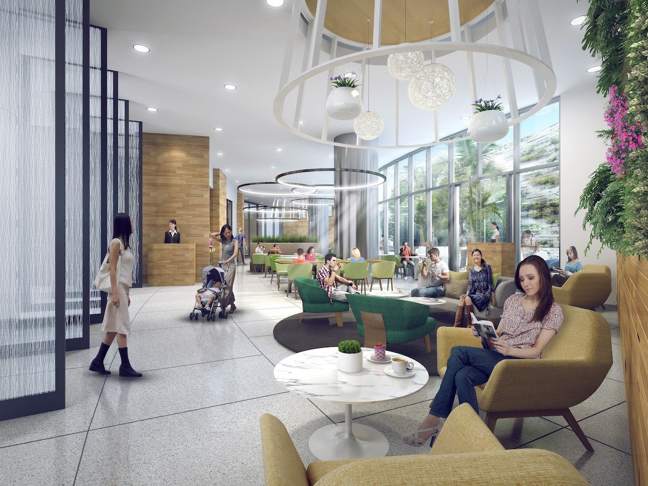 An artist 's impression of a lobby with a woman sitting in a chair