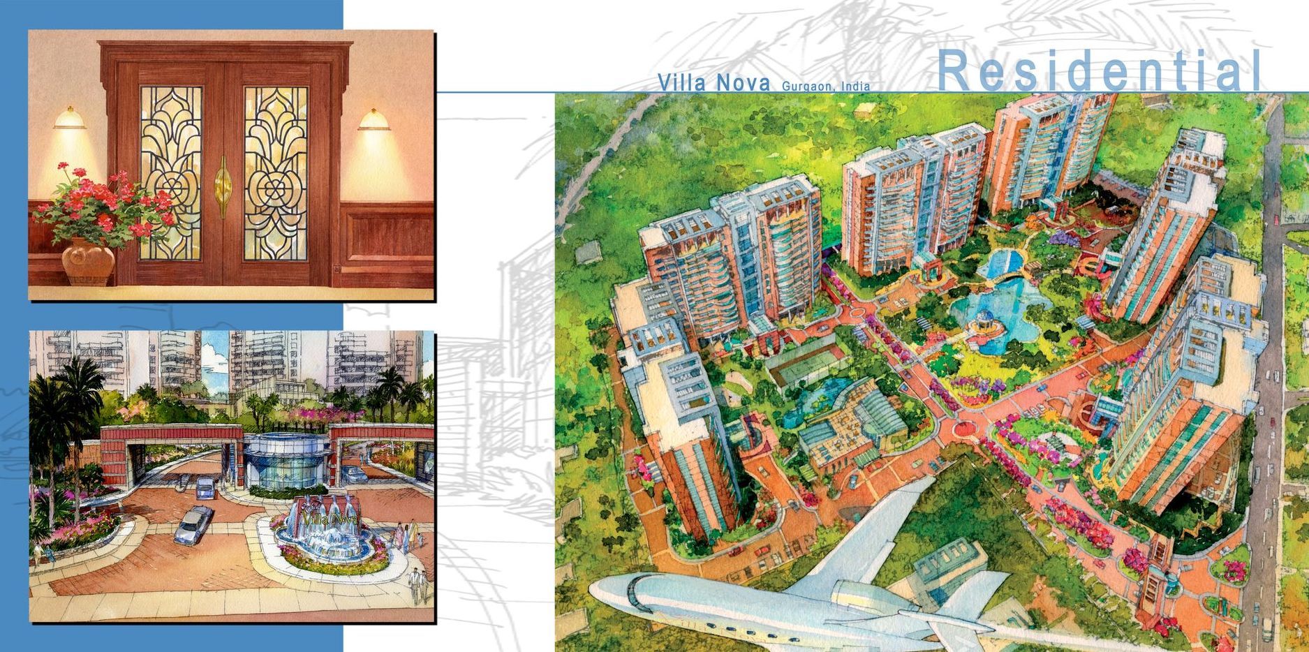 An aerial view of a residential area with a plane flying over it