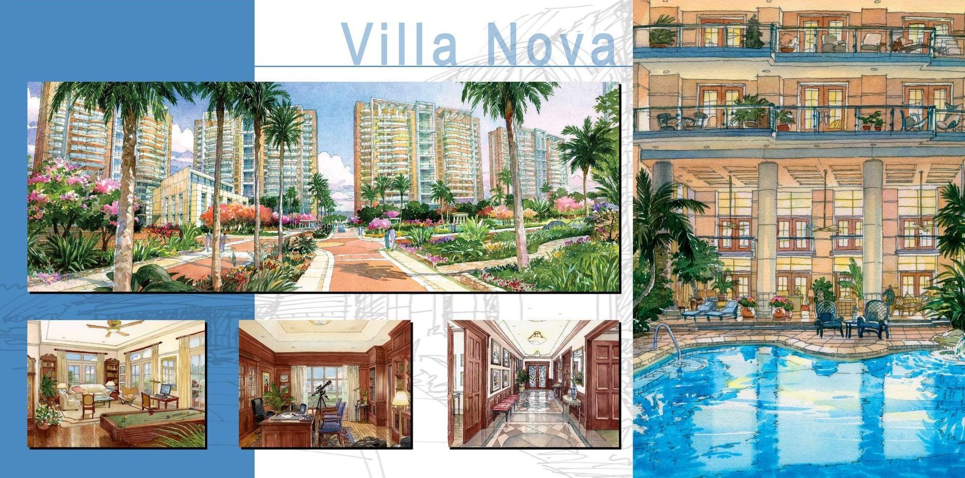 A collage of pictures of a building called villa nova