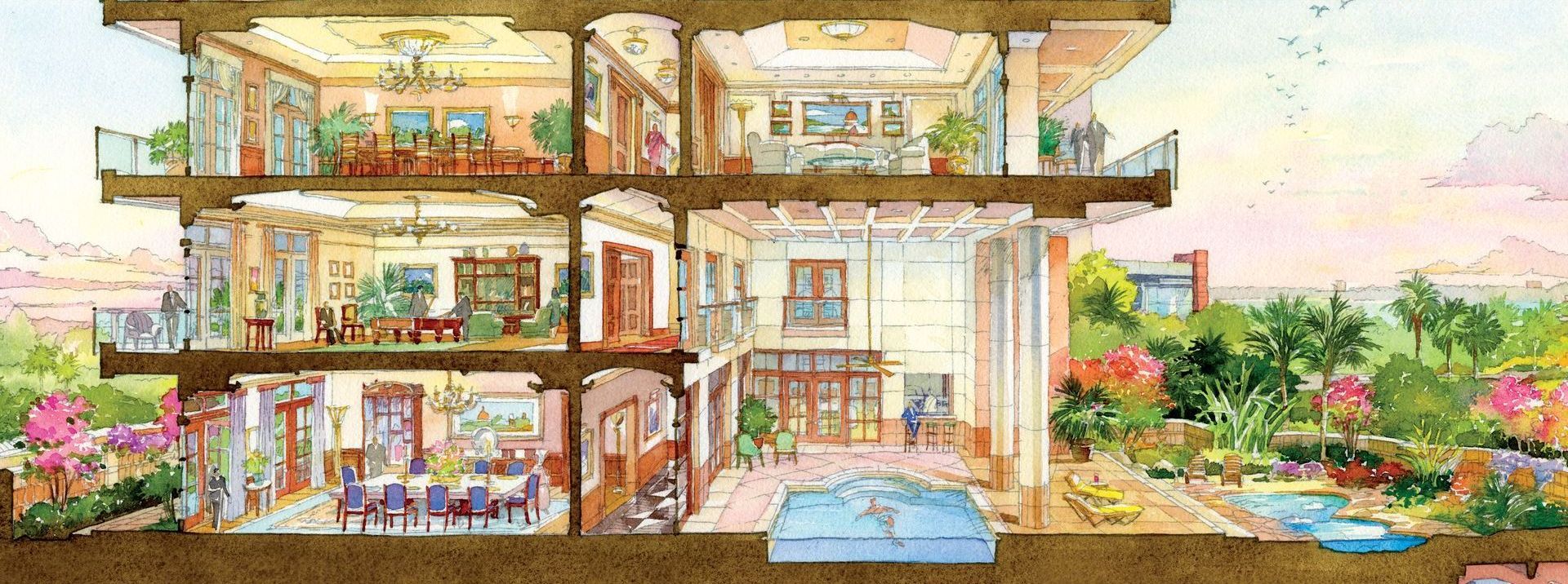 A watercolor painting of a house cut in half