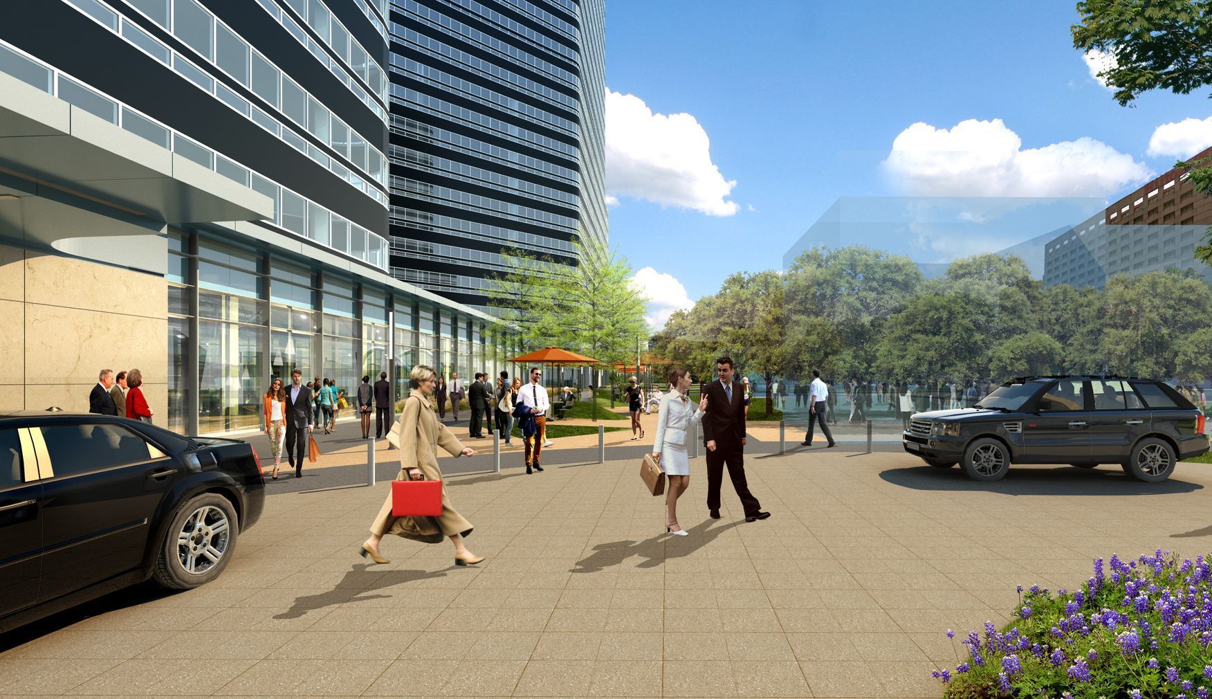 A black car is parked in front of a building