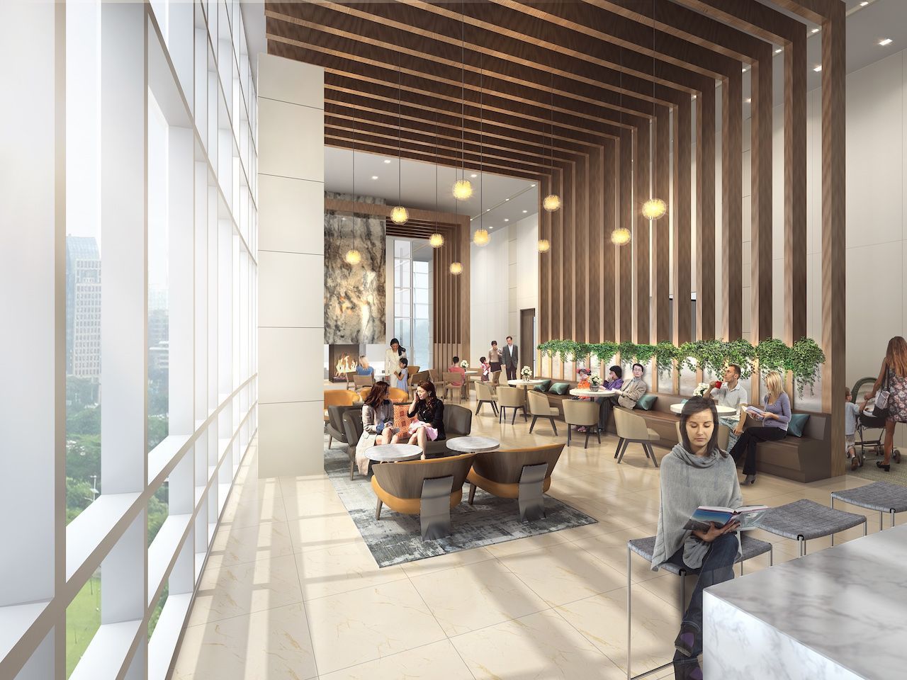 An artist 's impression of a restaurant with people sitting at tables and a woman reading a book.