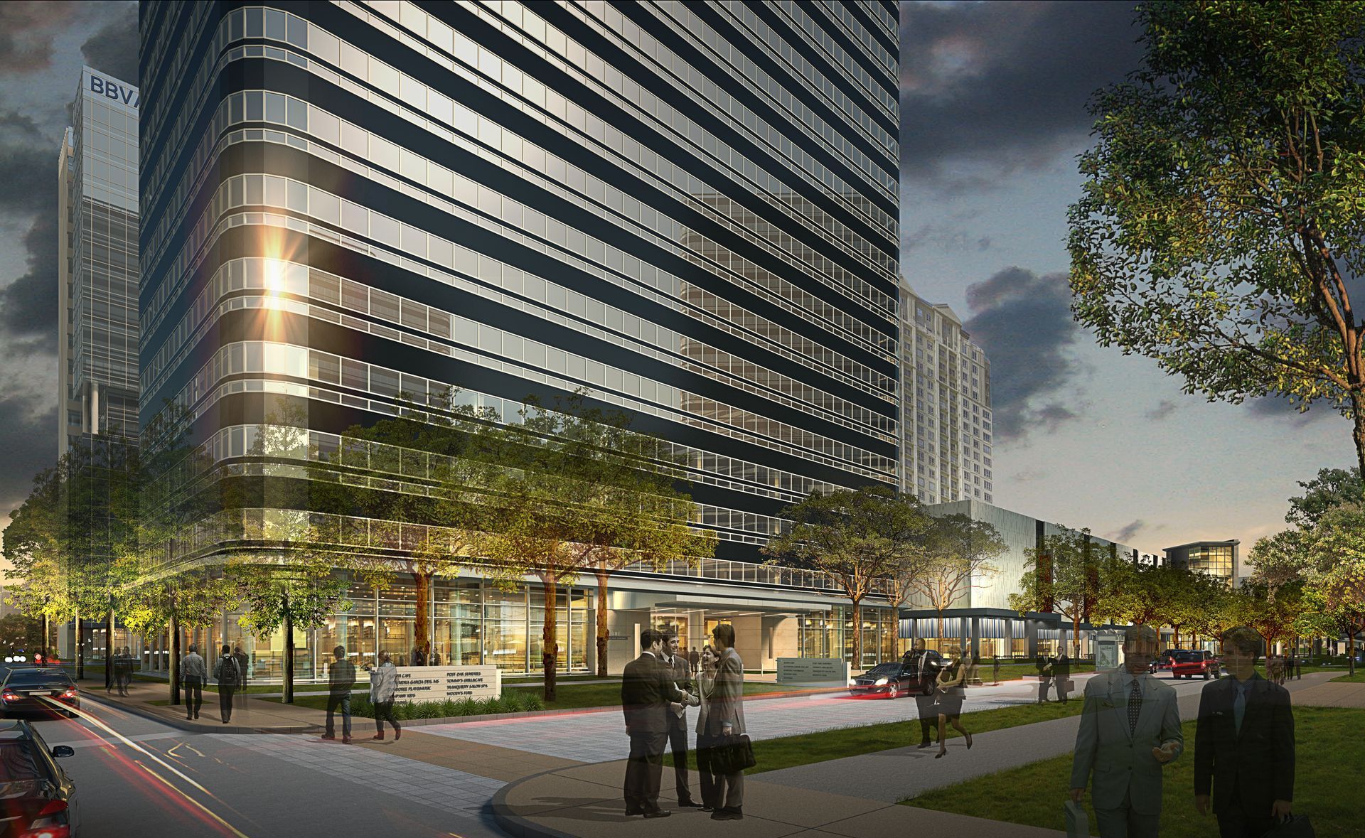 A group of people standing in front of a tall building