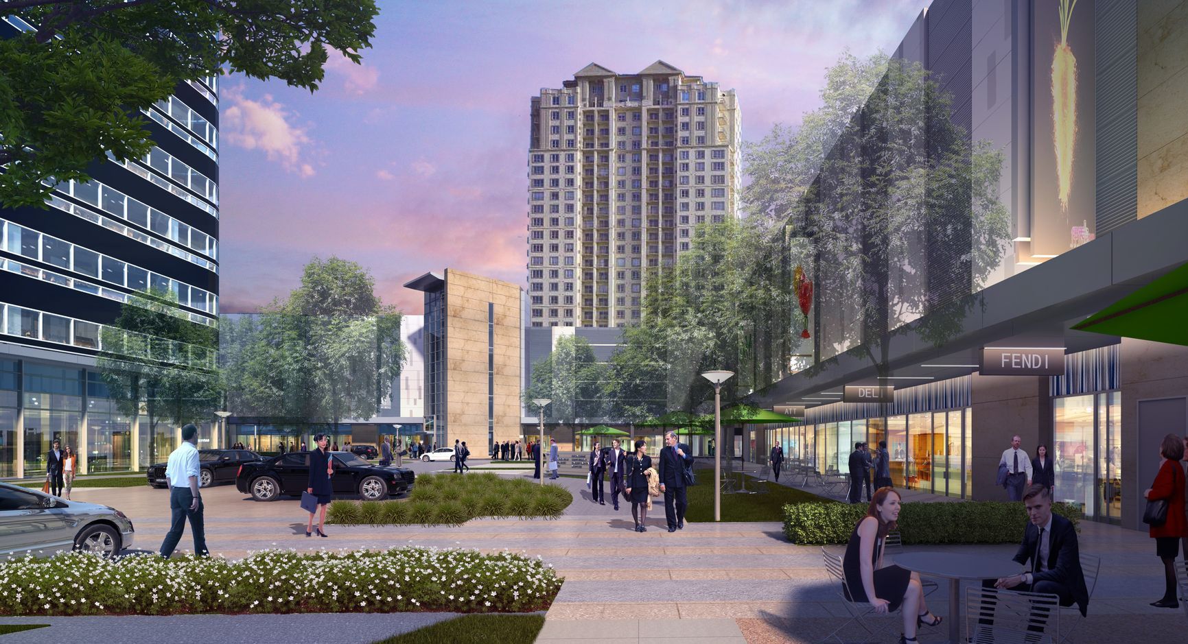 A group of people are walking down a sidewalk in front of a building.