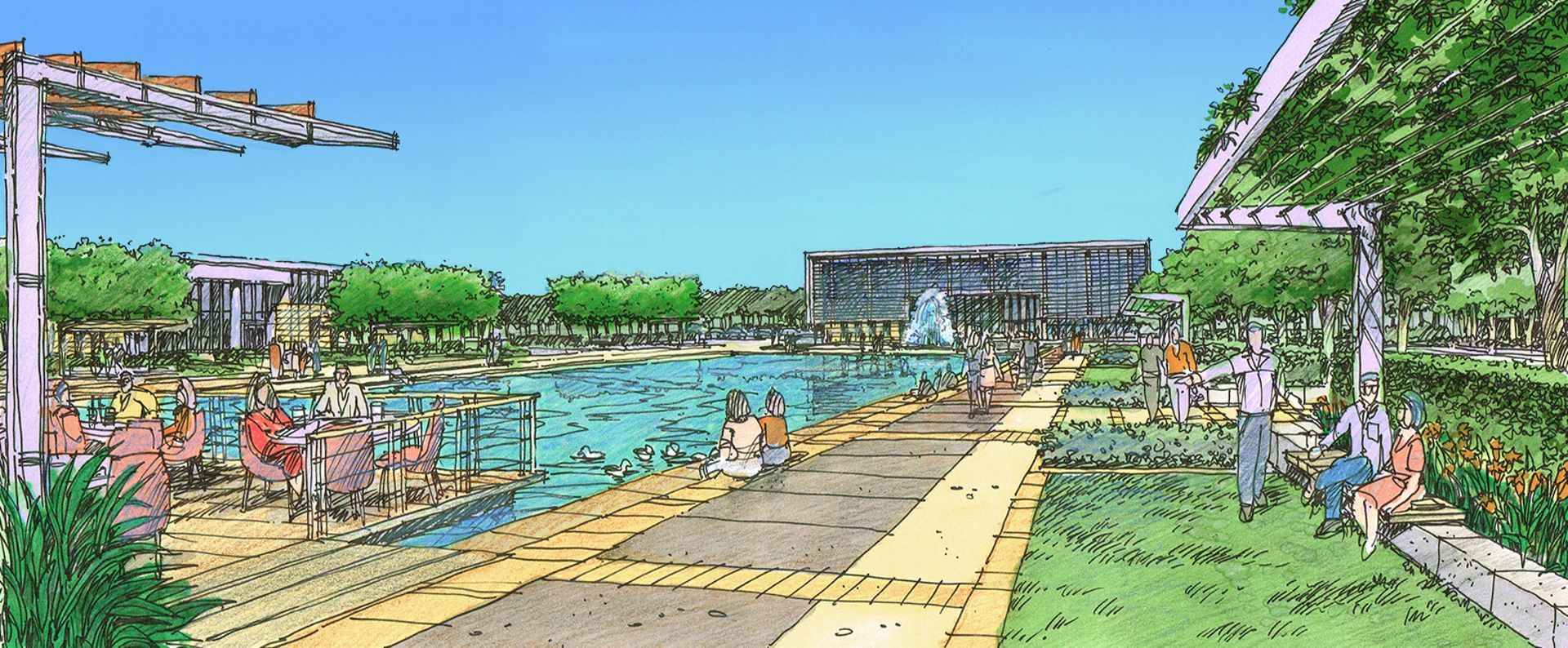 A drawing of a park with a lake in the background