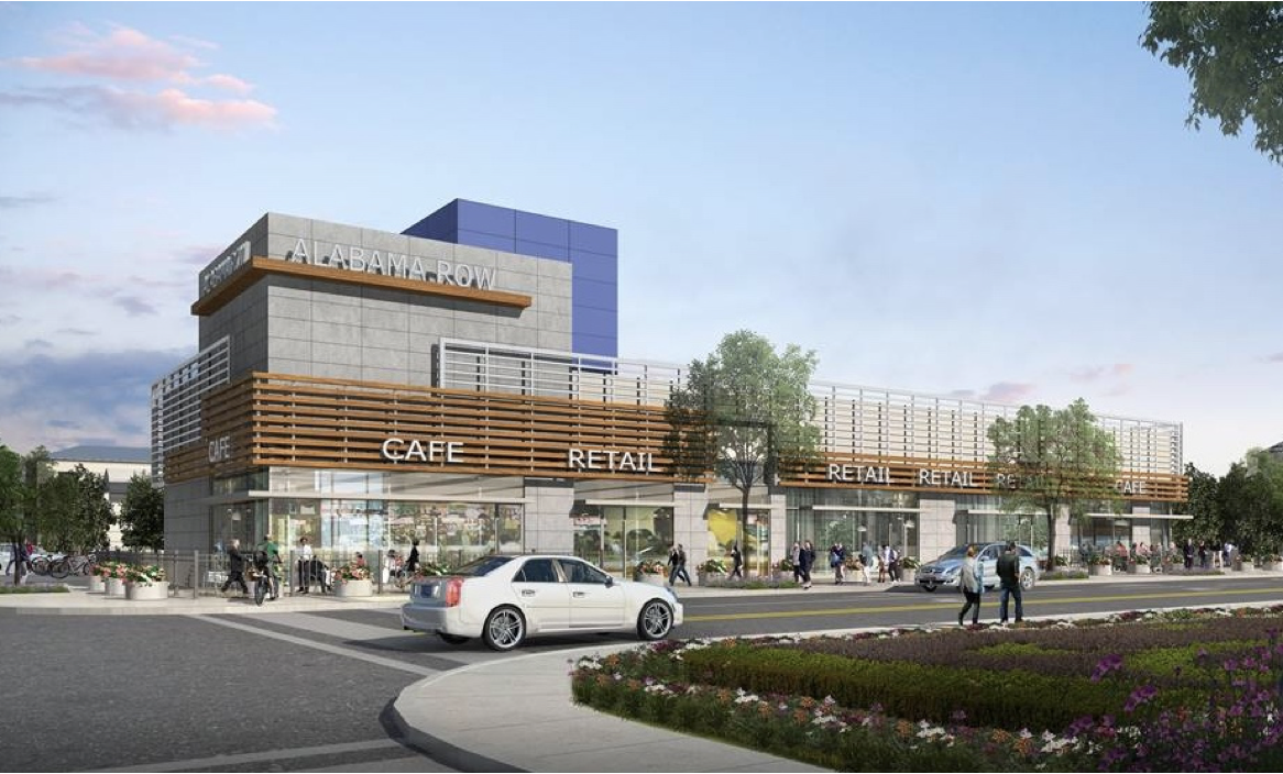 An artist 's impression of a building with a car parked in front of it.