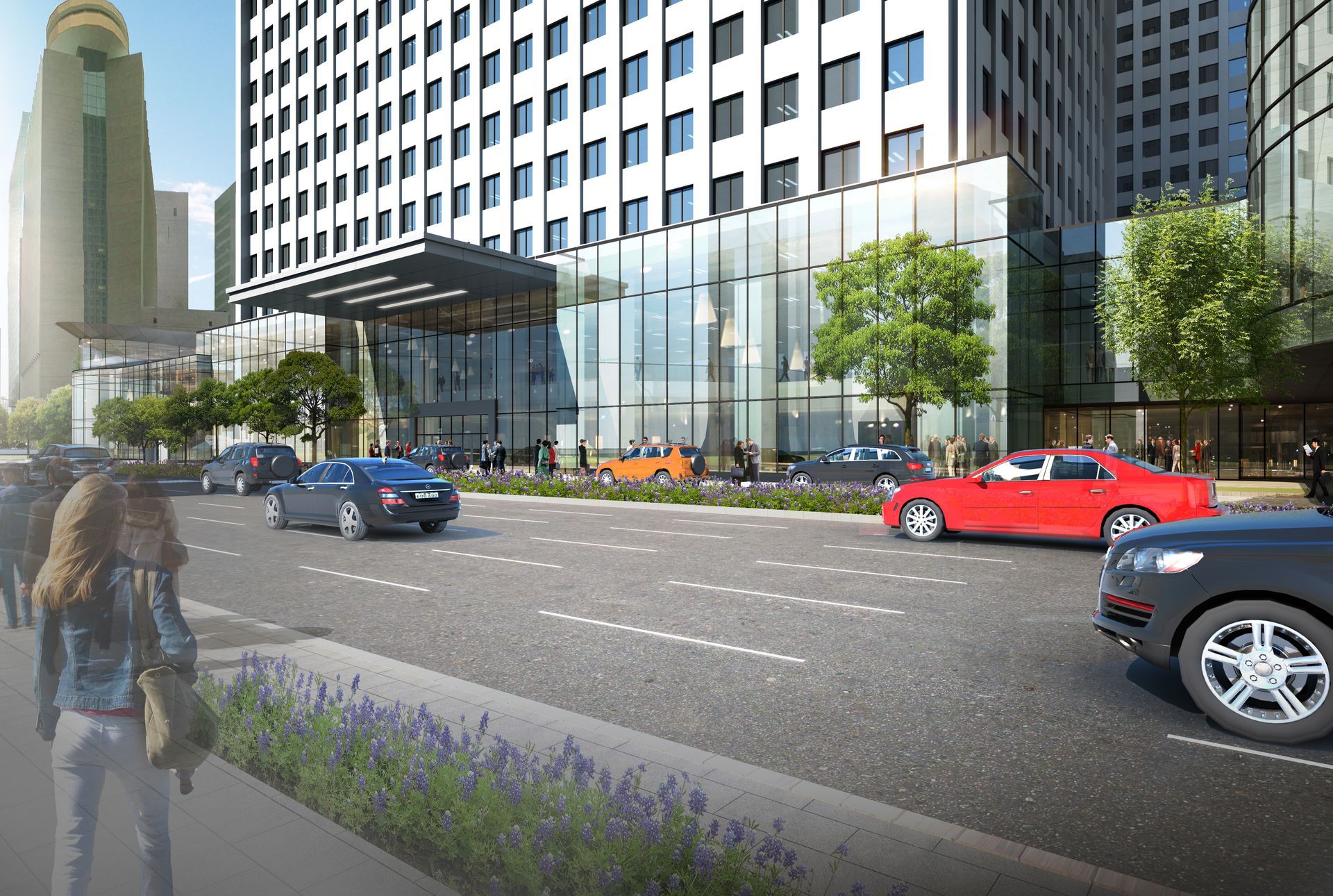 An artist 's impression of a city street with cars driving down it.