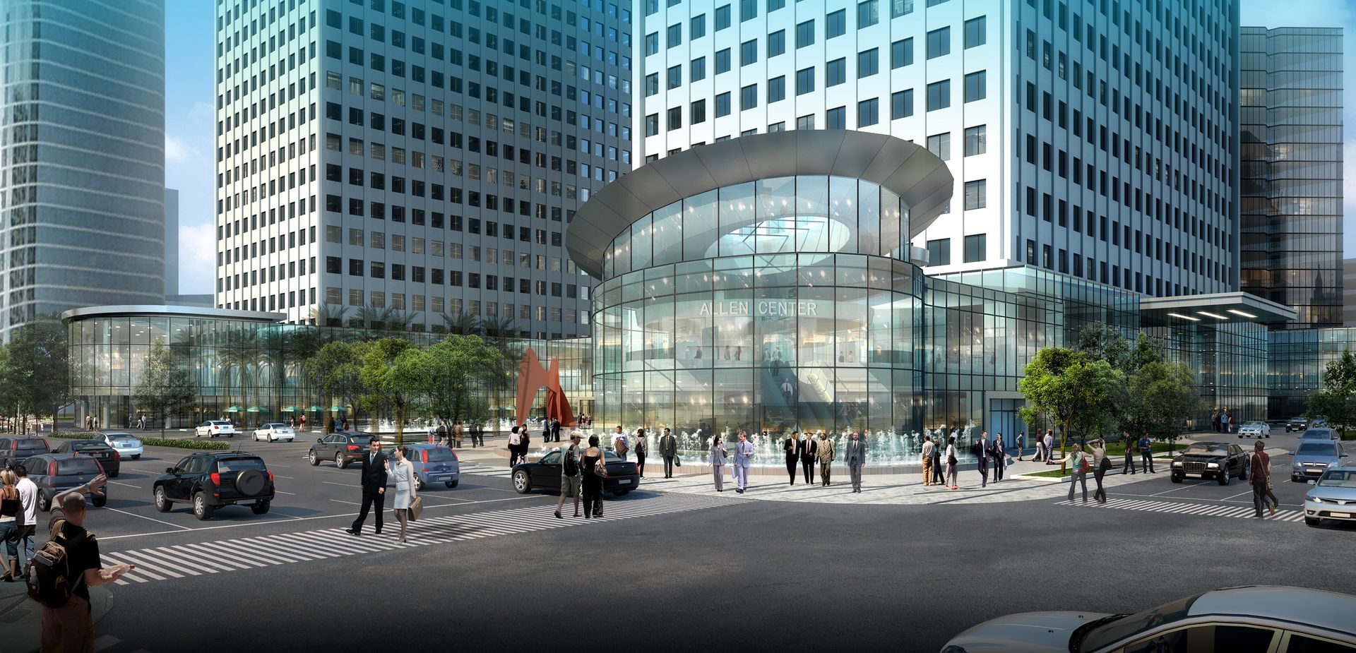 A group of people are crossing a street in front of a large building