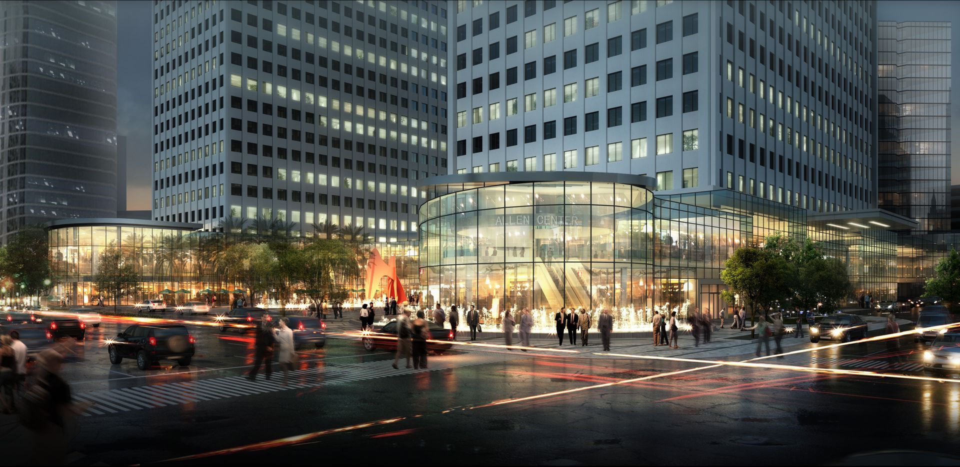 An artist 's impression of a city street at night with a lot of traffic.