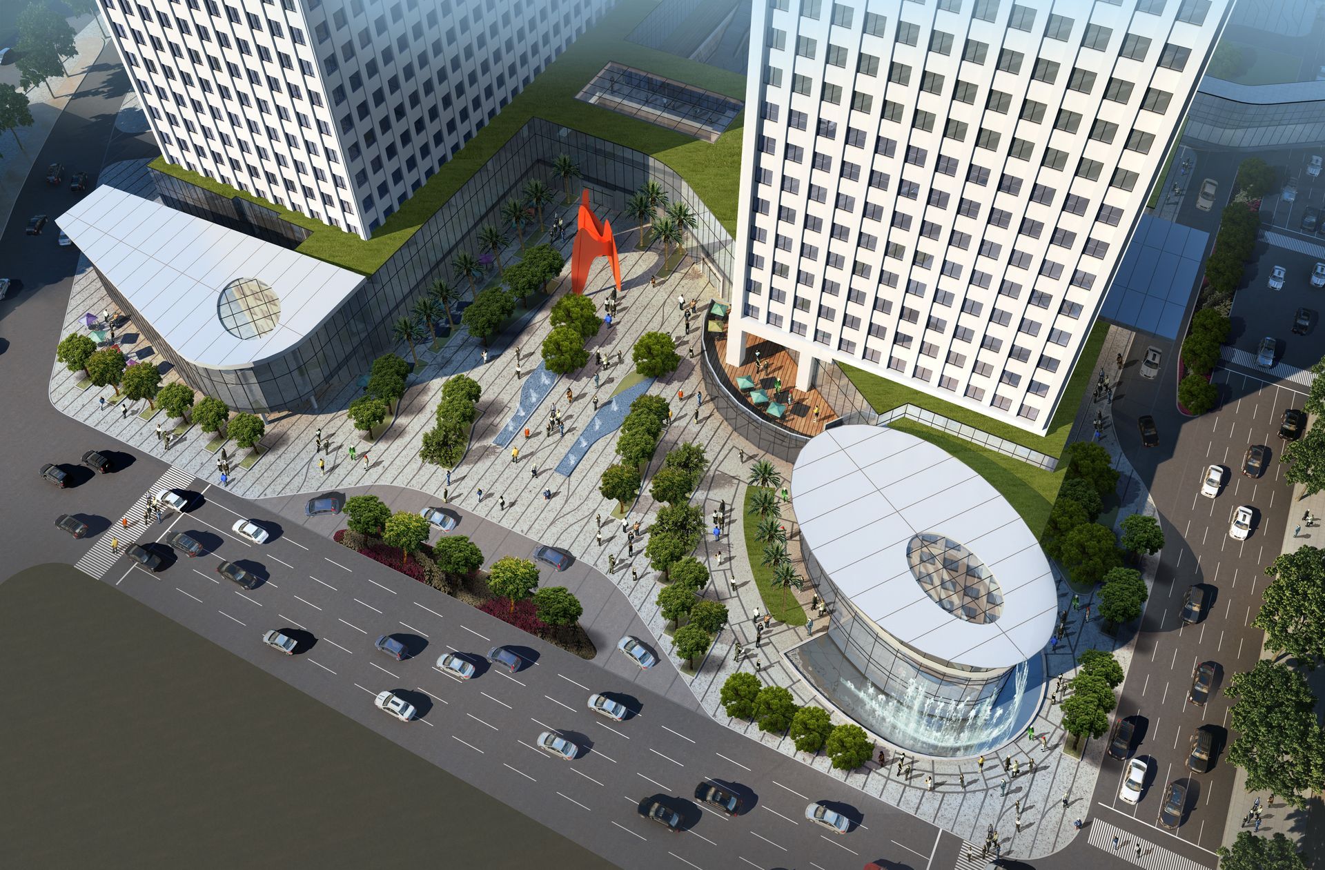 An aerial view of a large building with a lot of cars parked in front of it.