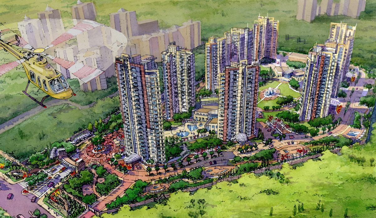 An aerial view of a city with a helicopter flying over it.