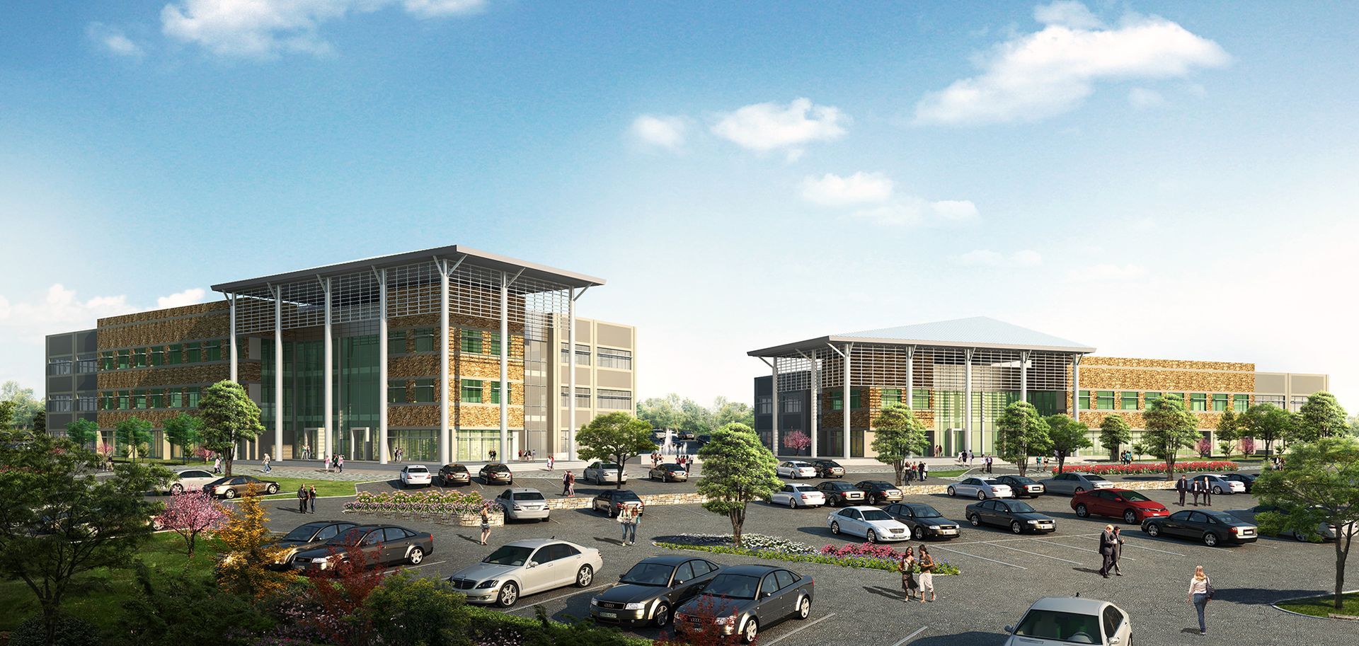 An artist 's impression of a parking lot with cars parked in front of a large building.