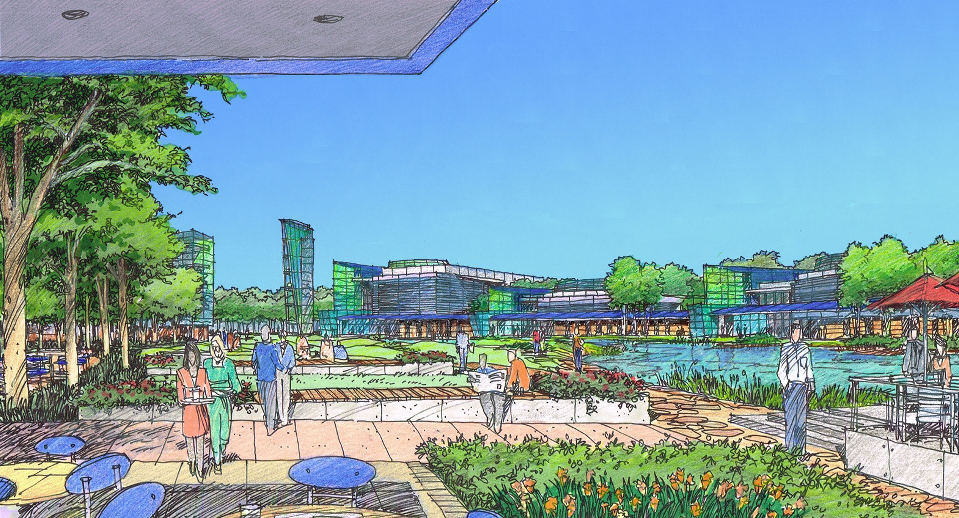 A drawing of a park with tables and umbrellas