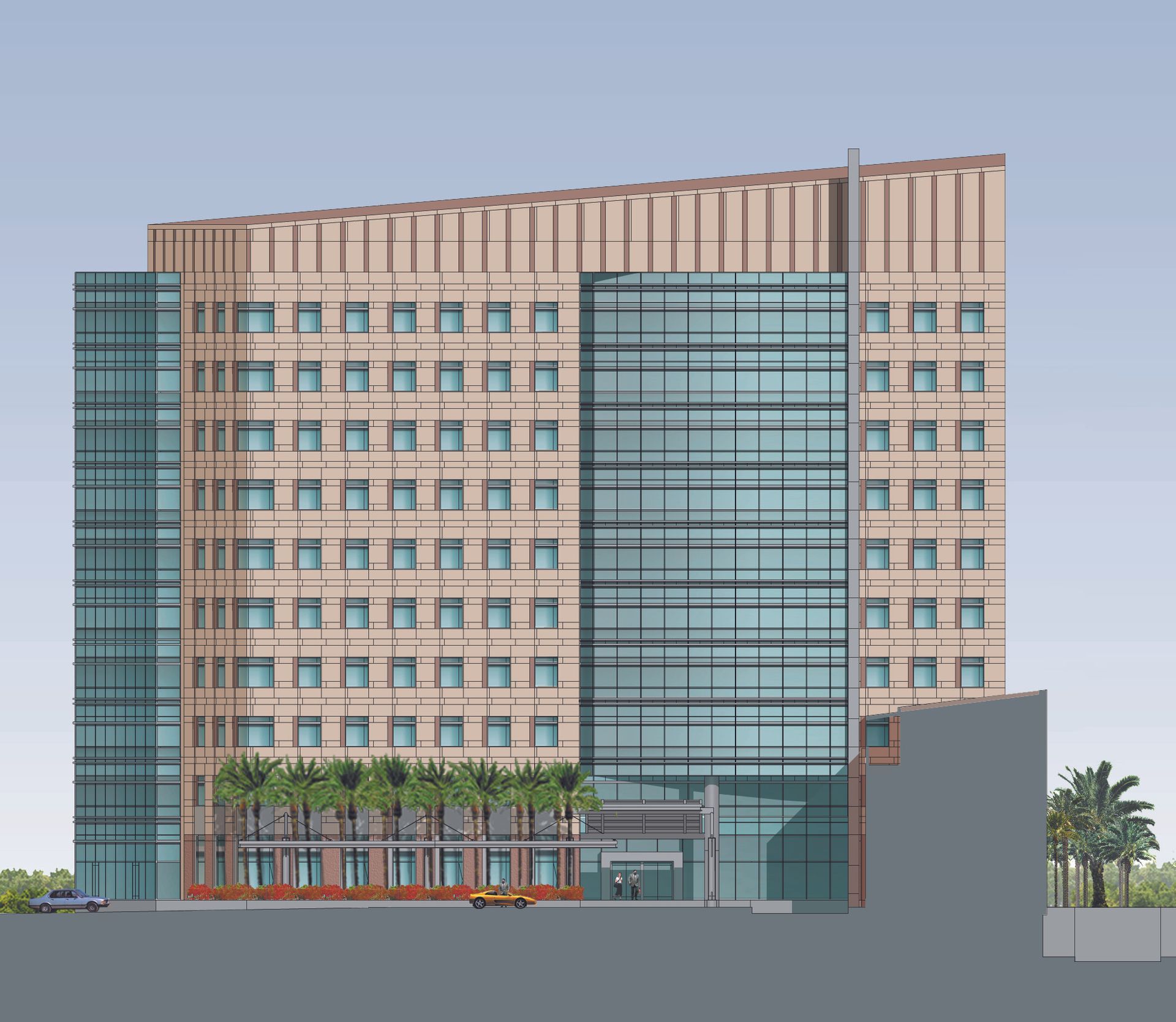 An artist 's impression of a large building with lots of windows