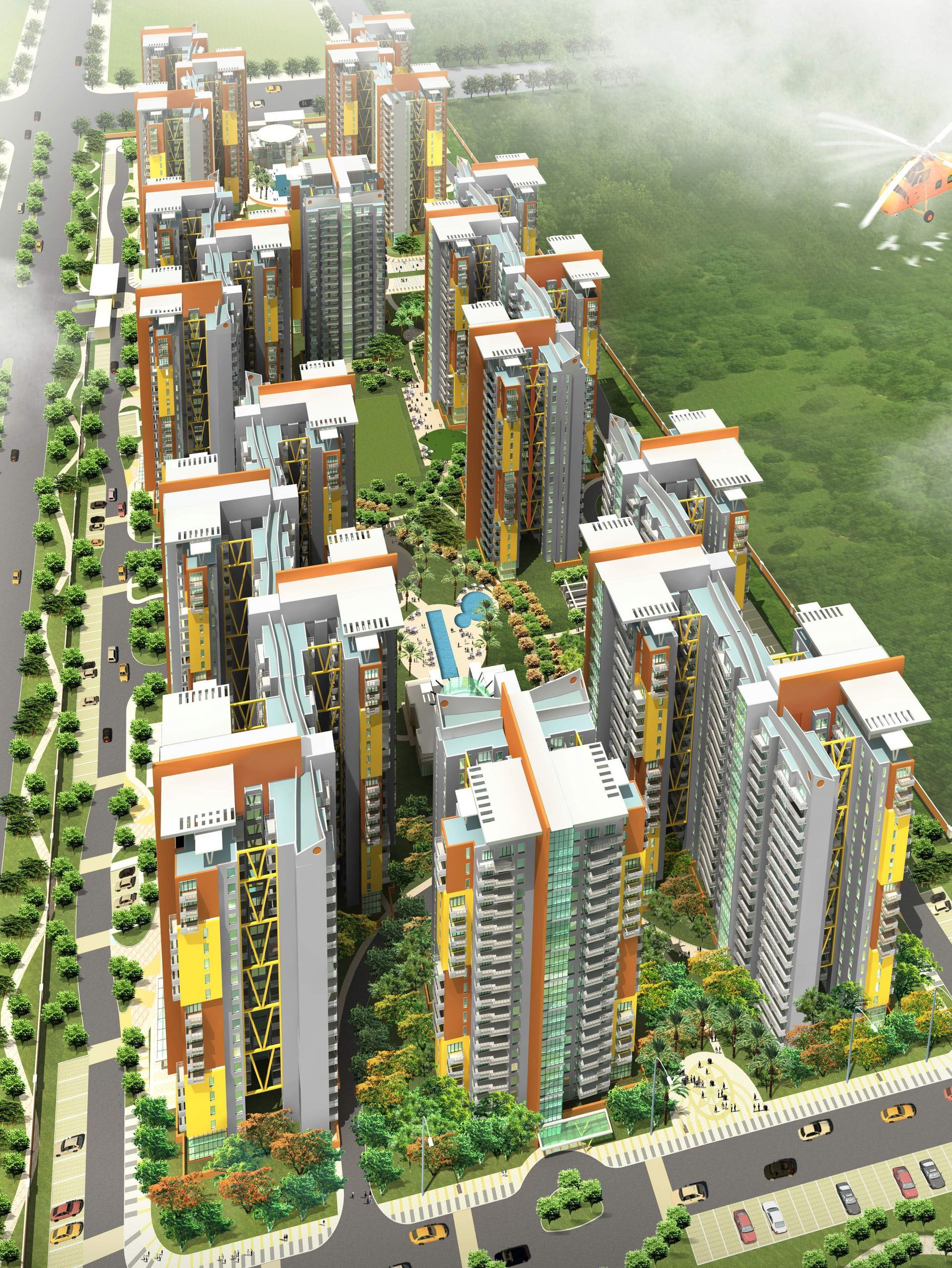 An aerial view of a residential area with lots of tall buildings