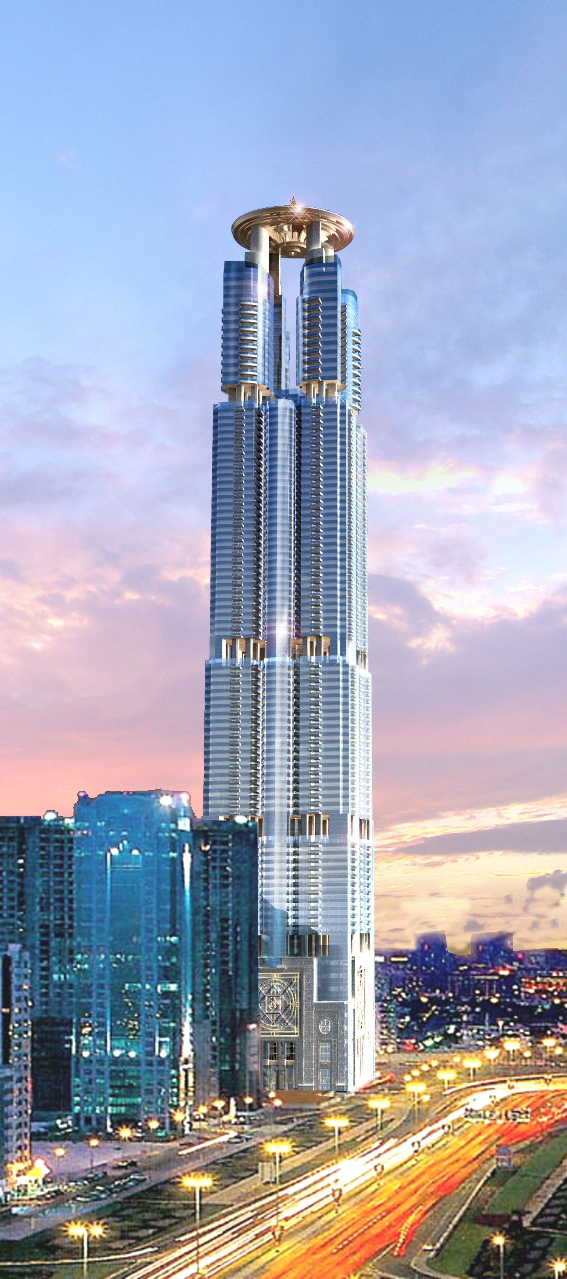 An artist 's impression of a very tall building in a city.