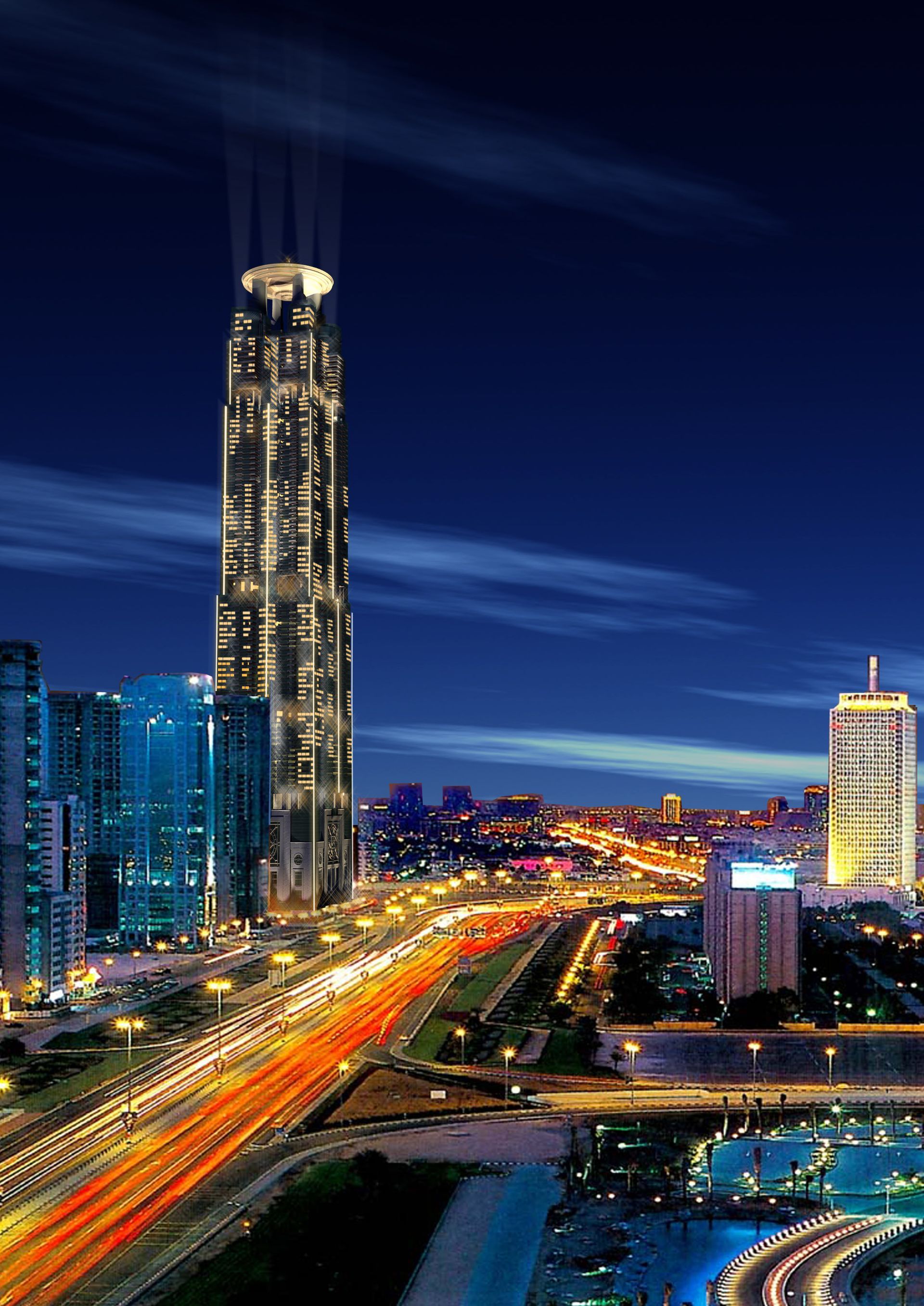 A city at night with a very tall building in the middle