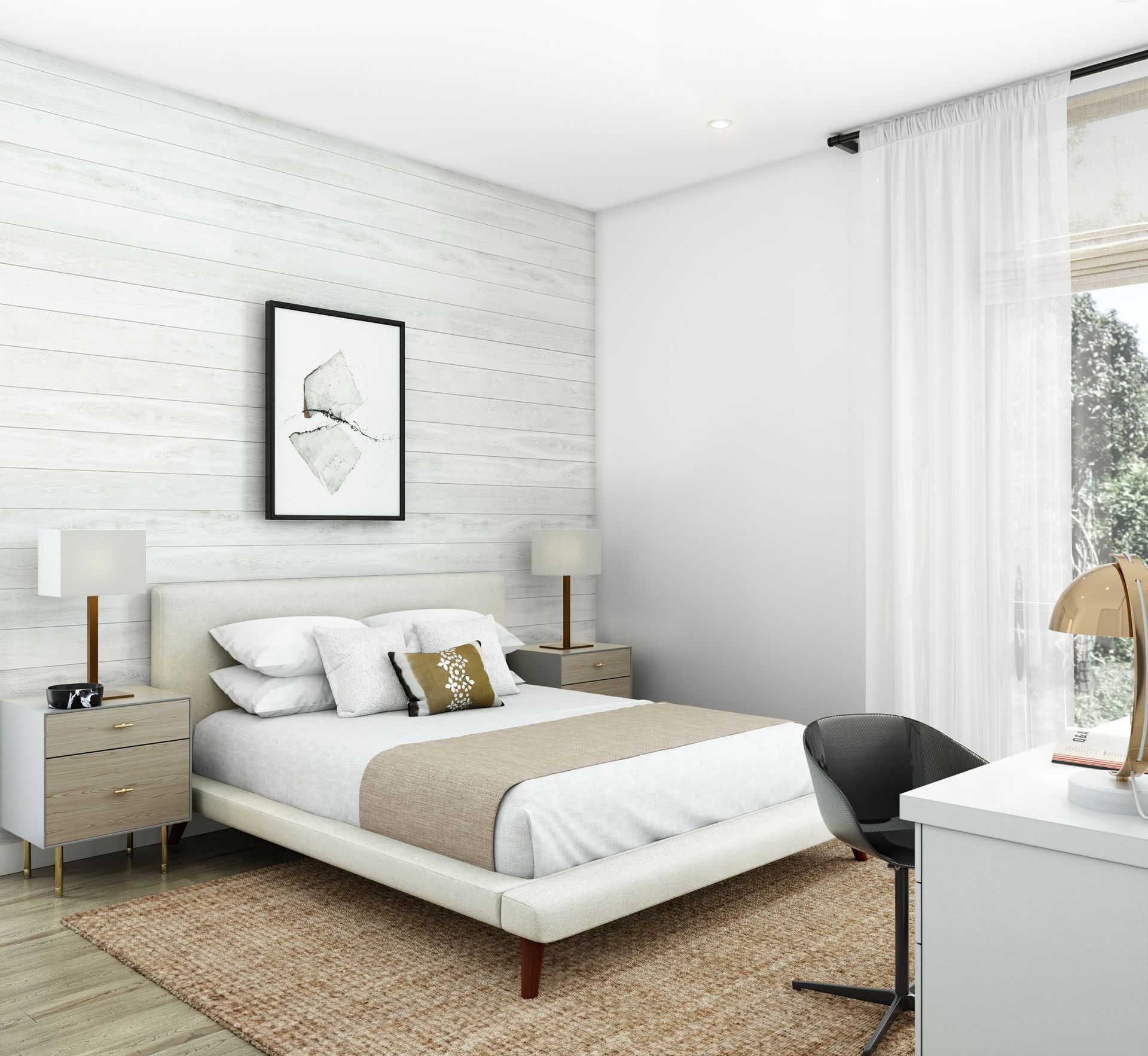 A bedroom with a large bed and a desk