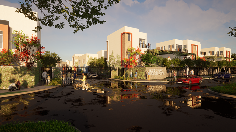 An artist 's impression of a residential area with a lot of buildings and trees.