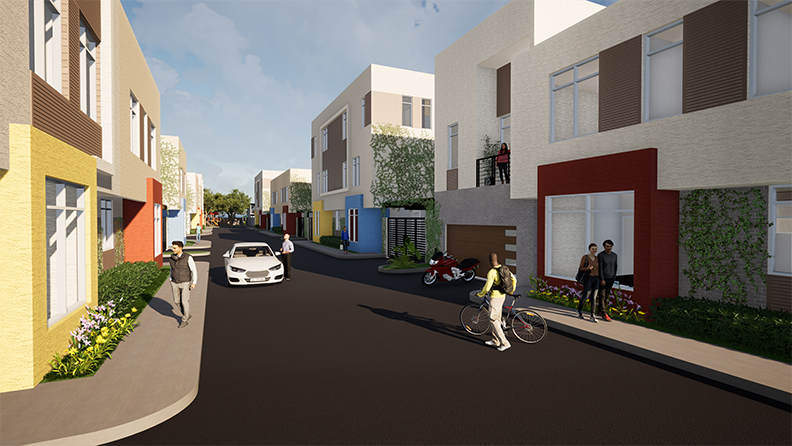 An artist 's impression of a residential area with a car driving down the street.