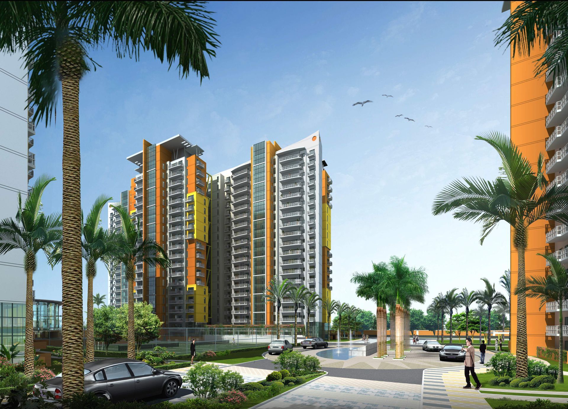 An artist 's impression of a residential area with tall buildings and palm trees
