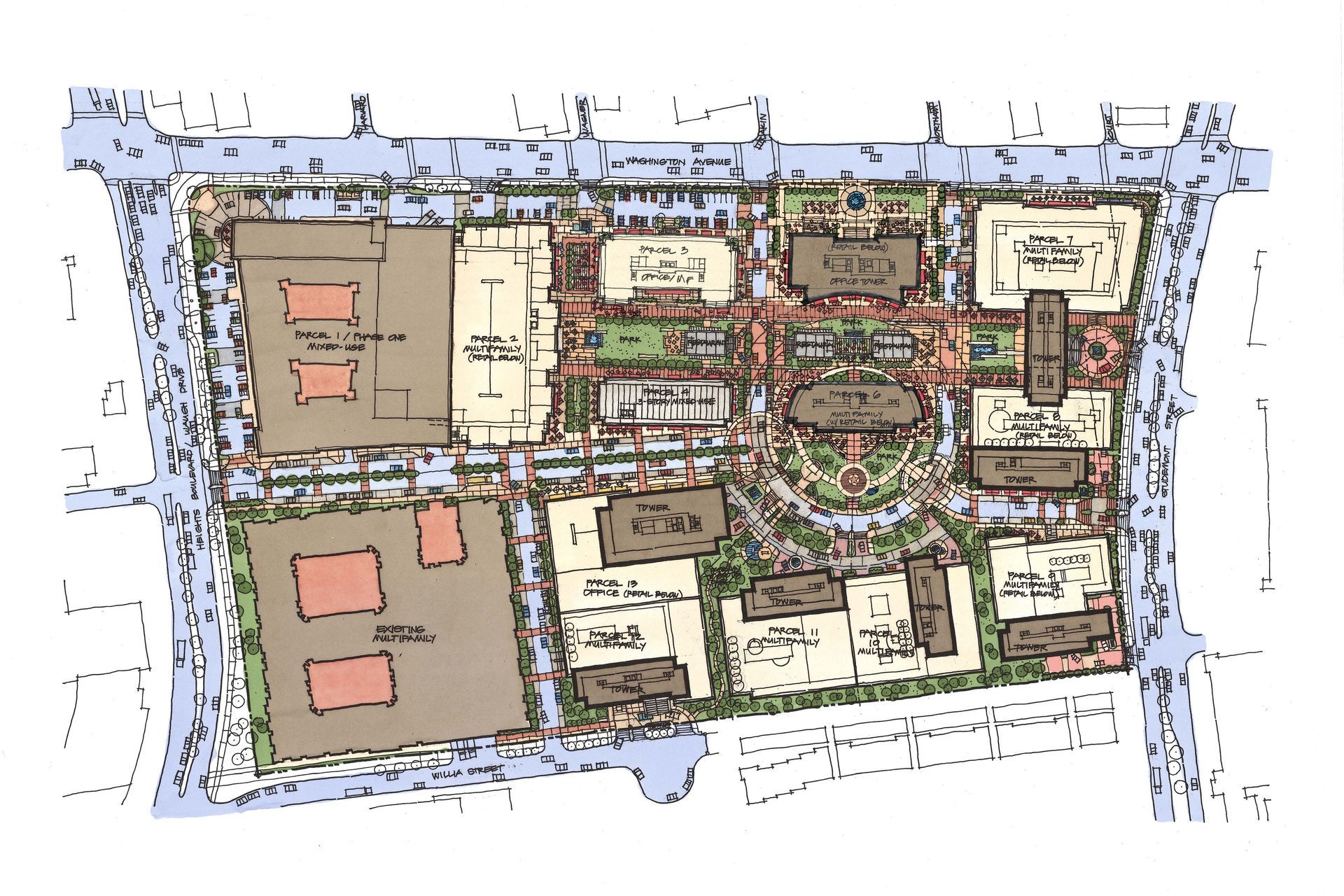 A drawing of a city with a lot of buildings