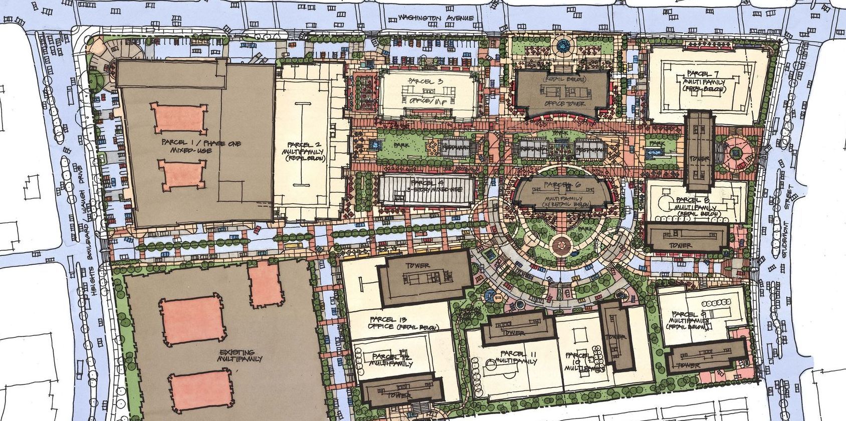 A drawing of a city with a lot of buildings