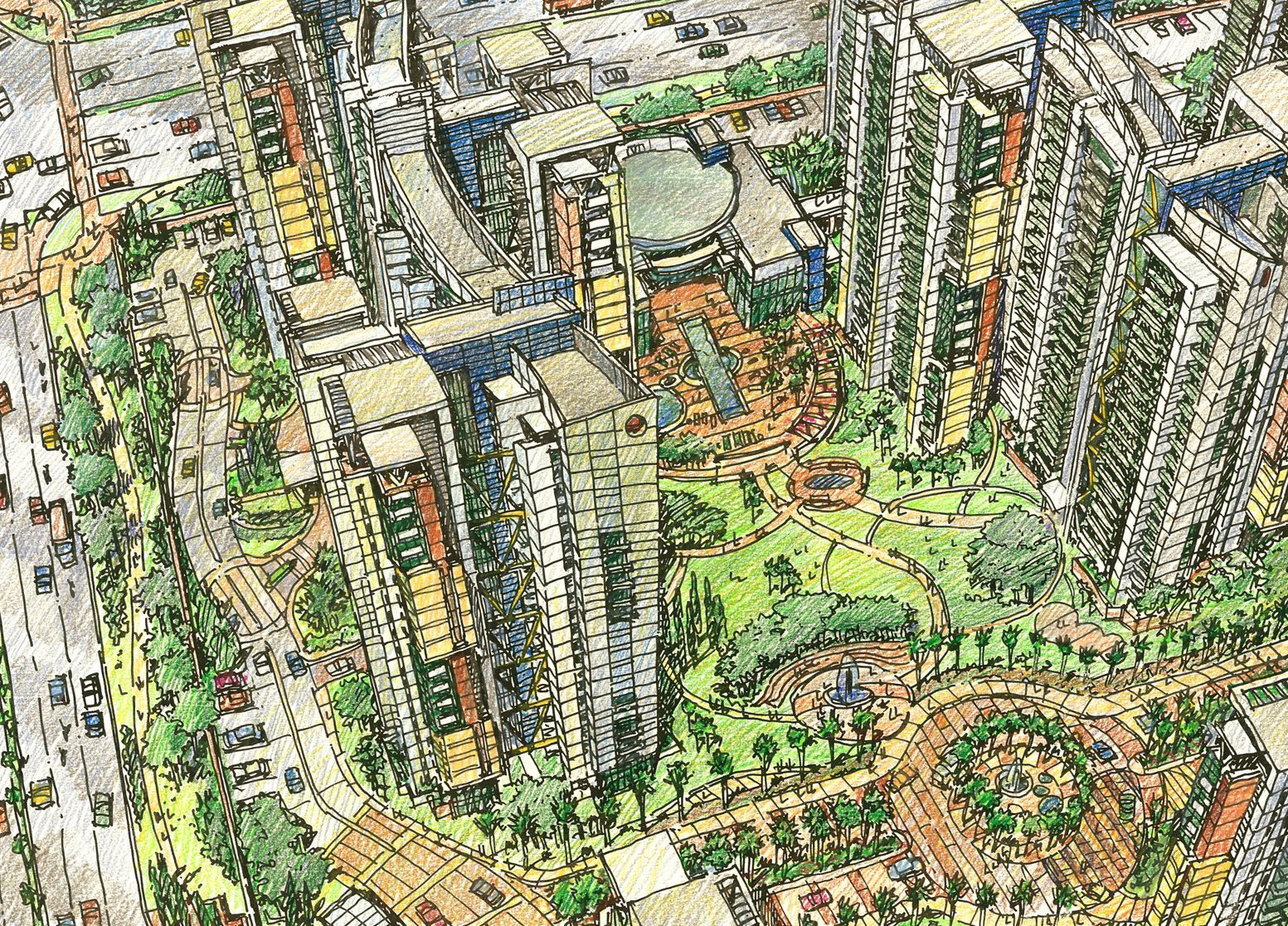 An aerial view of a city with lots of buildings and trees.