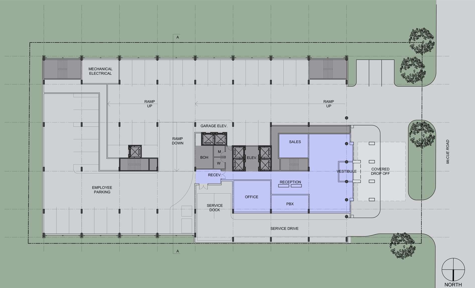 A floor plan of a building with a blue area in the middle
