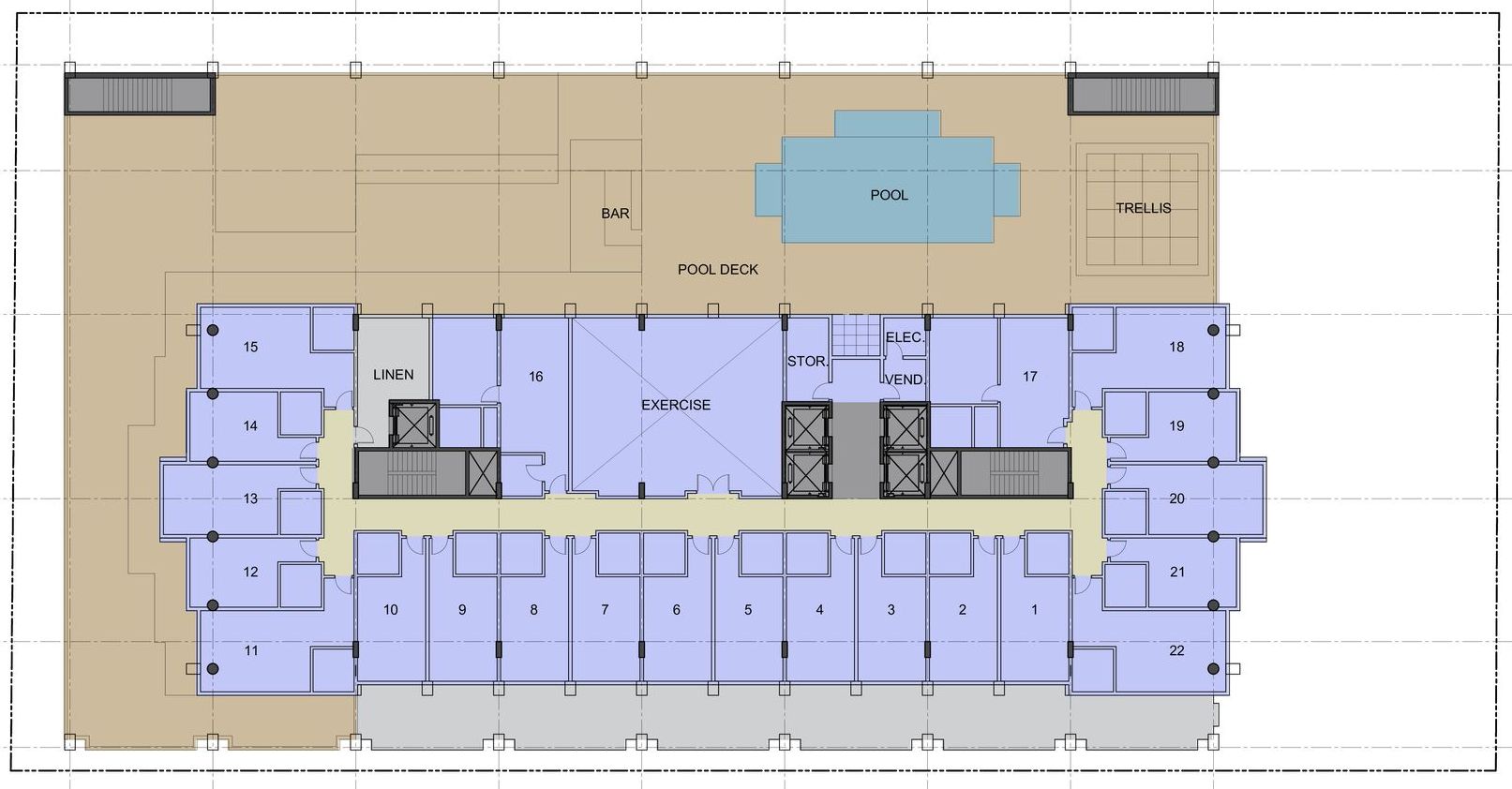 A floor plan of a building with a pool in the middle
