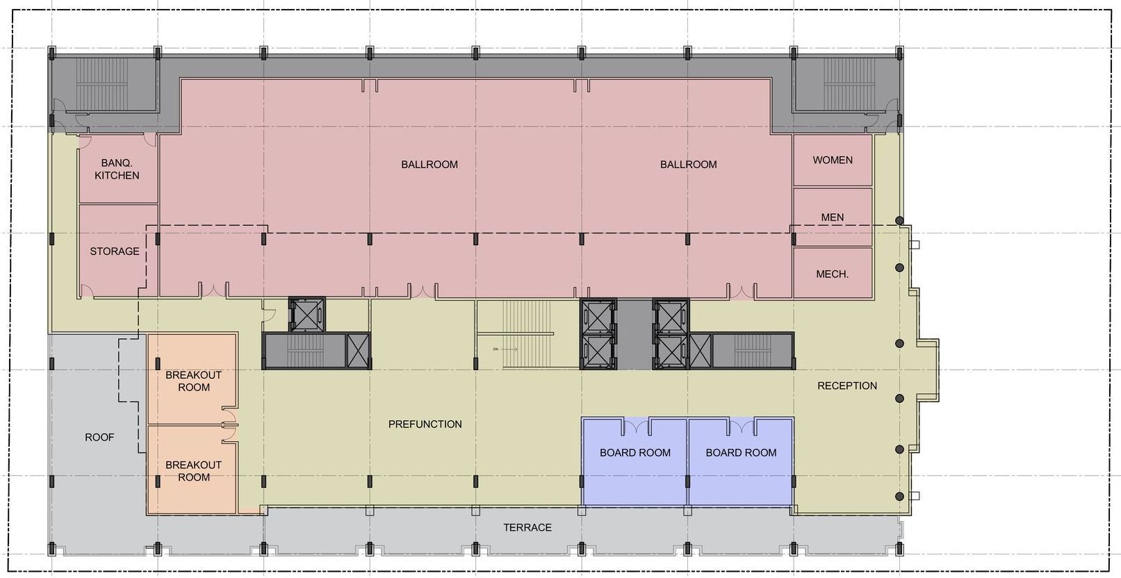A floor plan of a large building with stairs