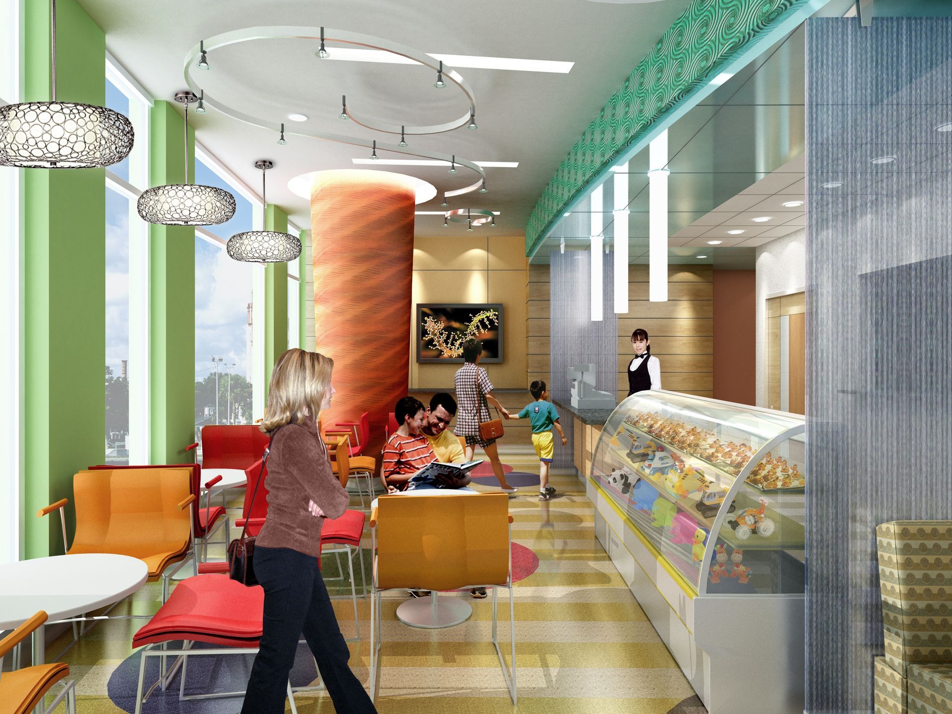 An artist 's impression of a restaurant with people sitting at tables